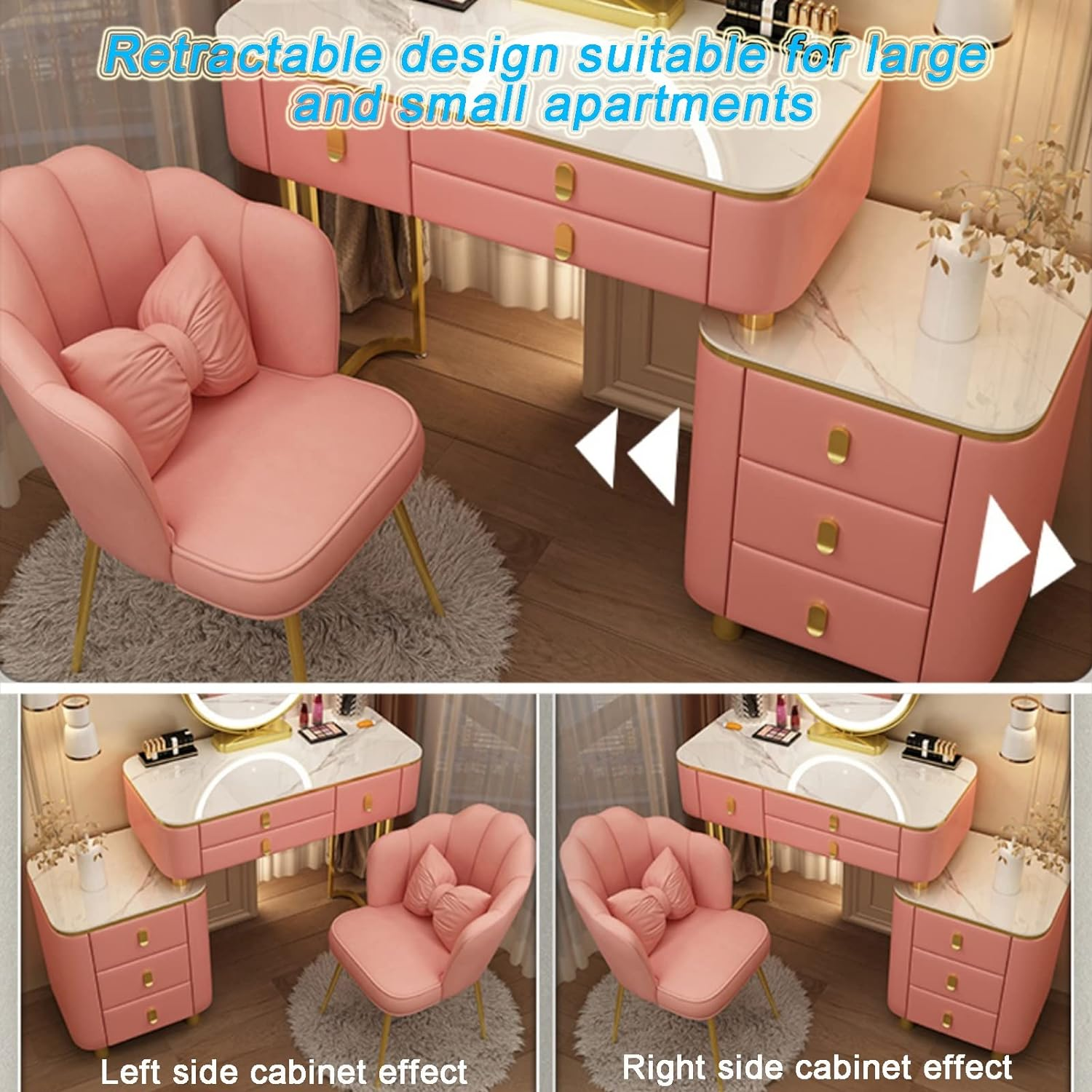 BUJOG Dressing Table with Lighted Mirror, Dressing Table with Padded Stool and 6 Drawers, Dressing Table Set with 3 Colour Lighting Modes, Storage Shelves for Girls and Women Bedrooms