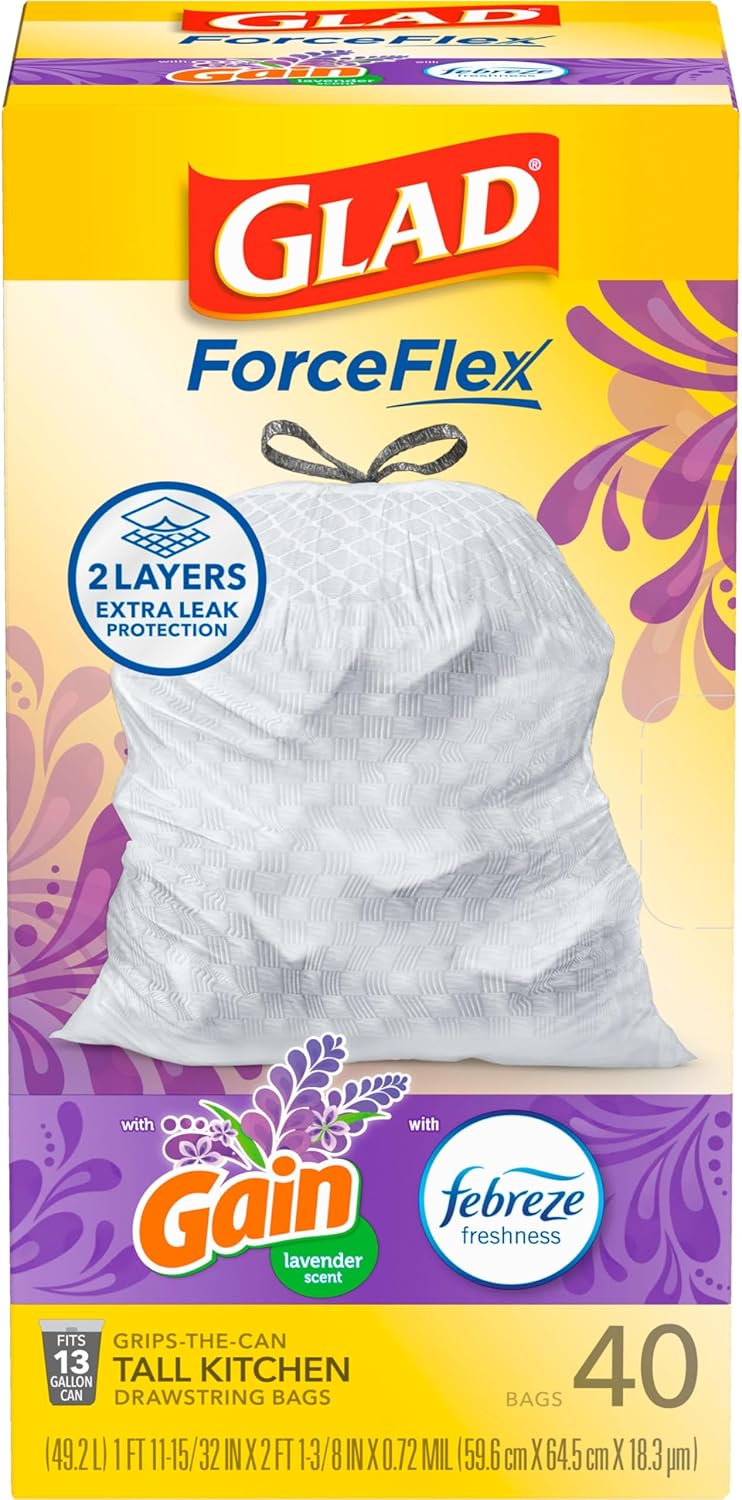 Glad ForceFlex Tall Kitchen Trash Bags, 13 Gal, Gain Original with Febreze, 110 Ct (Pack May Vary)
