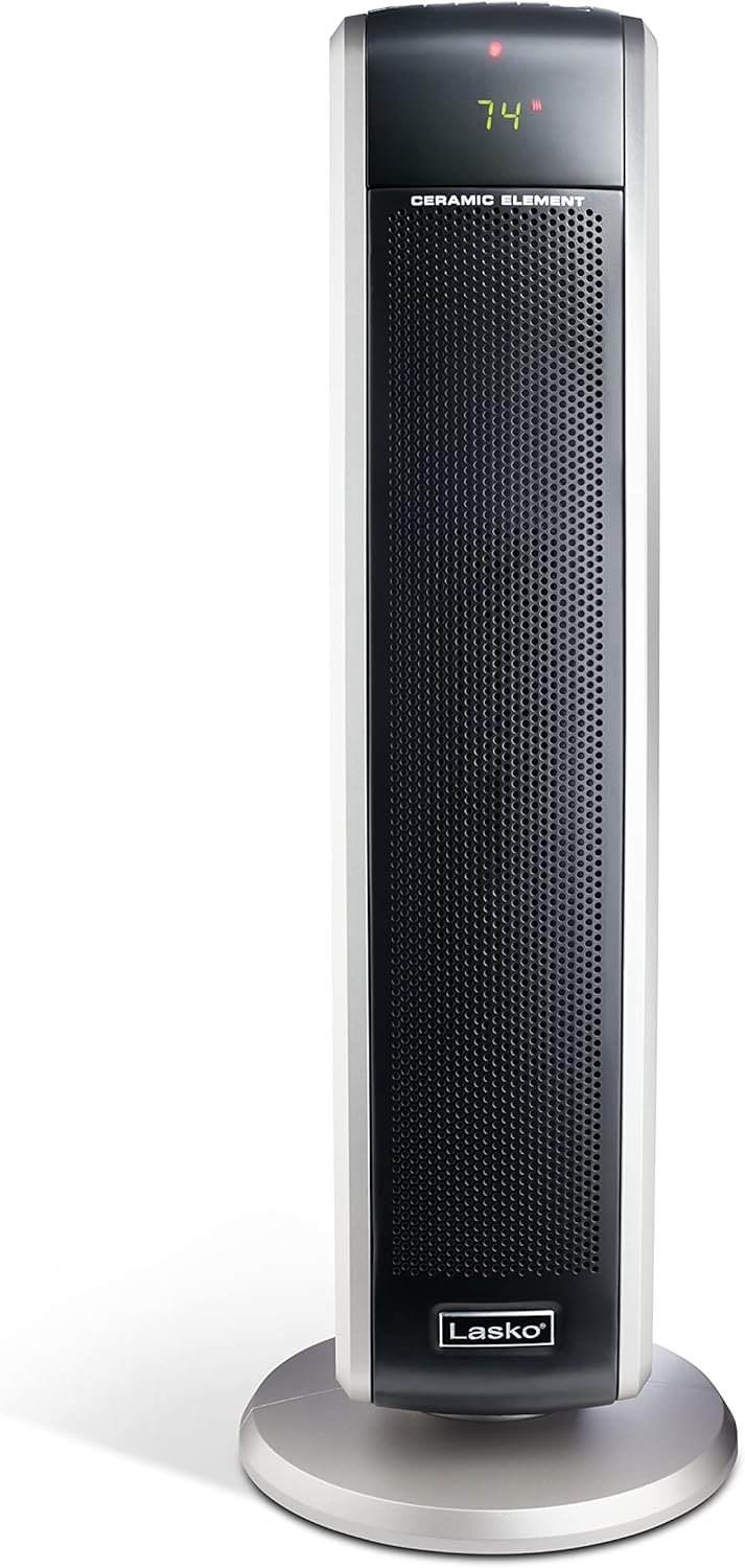 Lasko Oscillating Digital Ceramic Tower Heater for Large Rooms, with Adjustable Thermostat, Timer and Remote Control, 29 Inches, 1500W, Black, 5586
