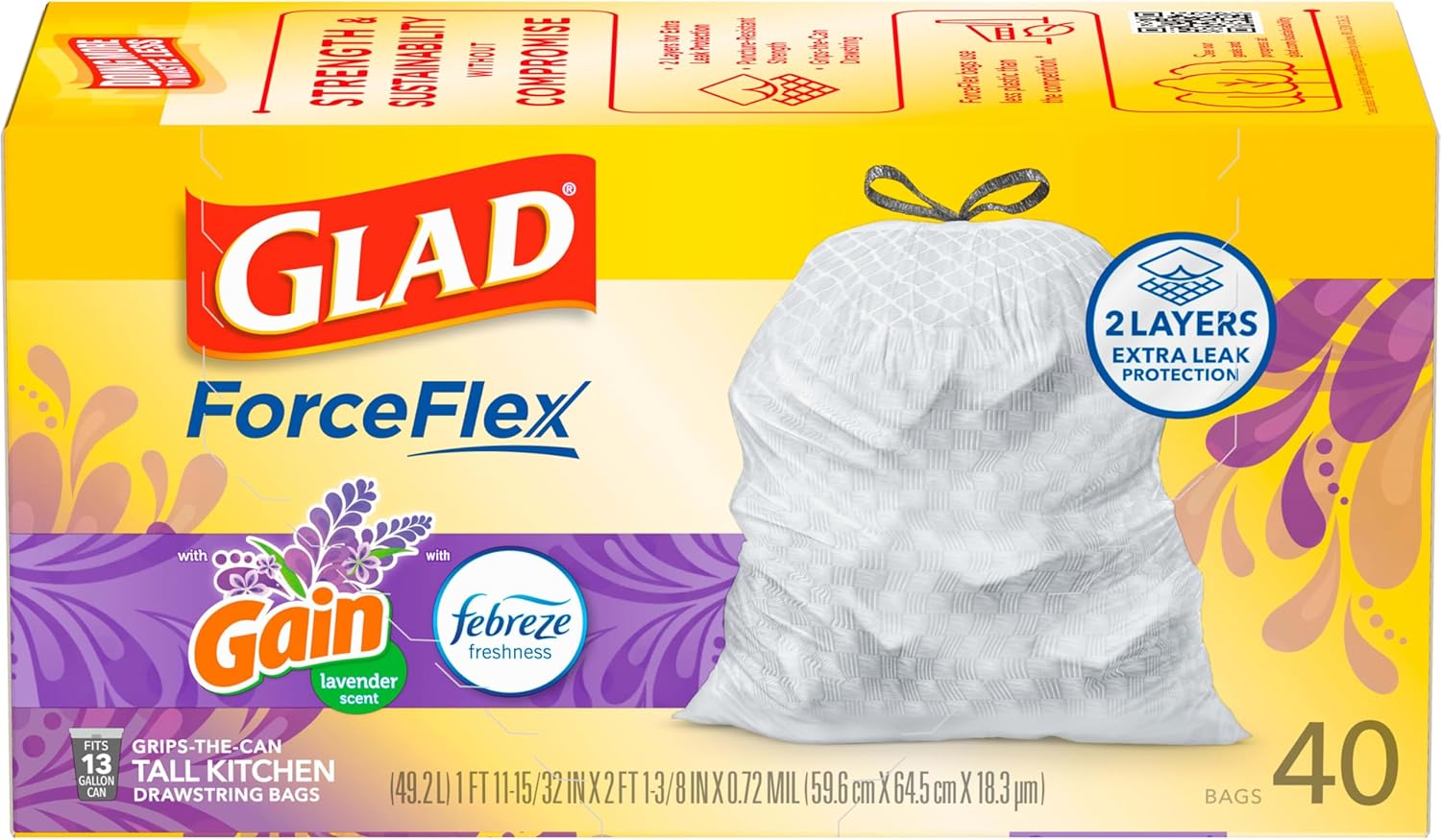 Glad ForceFlex Tall Kitchen Trash Bags, 13 Gal, Gain Original with Febreze, 110 Ct (Pack May Vary)