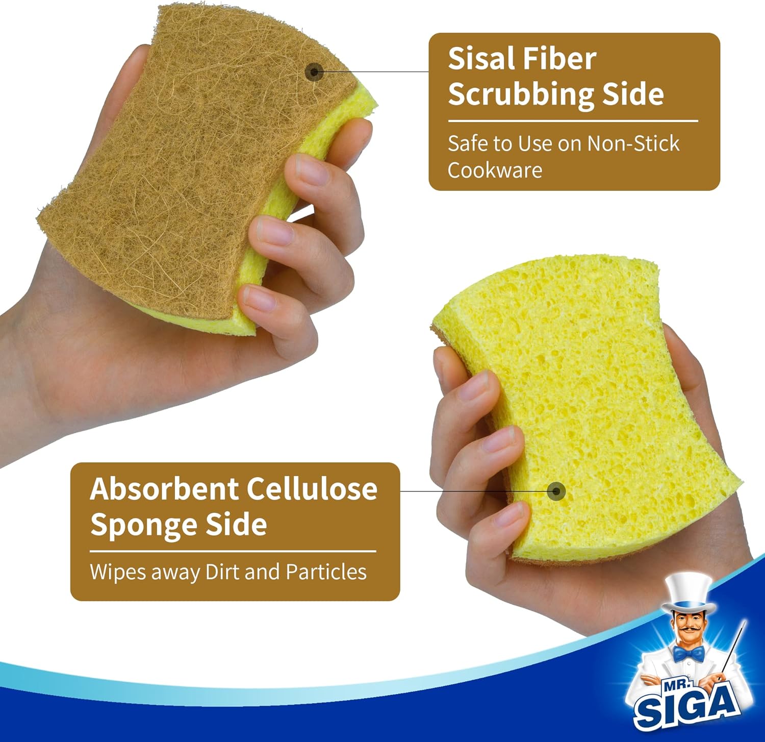 MR.SIGA Non-Scratch Cellulose Scrub Sponge, Dual-Sided Dishwashing Sponge for Kitchen, 12 Pack