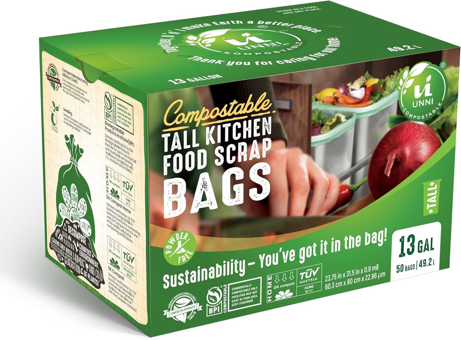 UNNI Compostable Liner Bags, 13 Gallon, 49.2 Liter, 50 Count, Heavy Duty 0.85 Mil, Tall Kitchen Food Scrap Waste Bags, ASTM D6400, US BPI, CMA and Europe OK Compost Home Certified, San Francisco