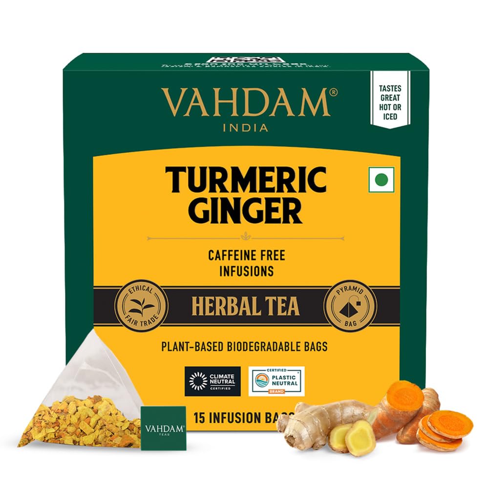 VAHDAM, Organic Turmeric Ginger Herbal Tea Bags (100 Pyramid Tea Bags) Caffeine Free, Non GMO, Gluten Free | 100% Pure Herbal Blend - Savory & Spicy | Plant-Based Tea Bags | Resealable Ziplock Pouch