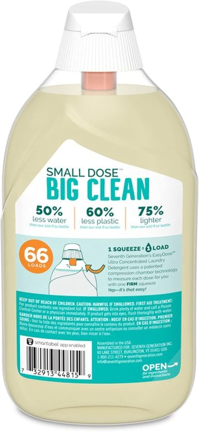 Seventh Generation EasyDose Laundry Detergent, Ultra Concentrated: 66 Loads, Free & Clear Designed for Sensitive Skin, 23.1 Fl Oz