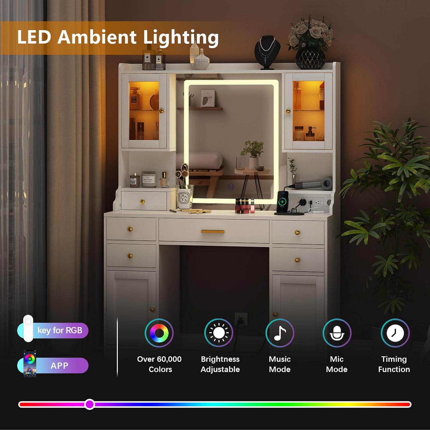 Dnxao Large Make up Vanity Desk with Mirror and Lights,3 Lights Mode and Brightness Adjusted by Touch Button, Built-in Power Strip and 6 Drawers,4 cabinets,2 cabinets with RGB Lights