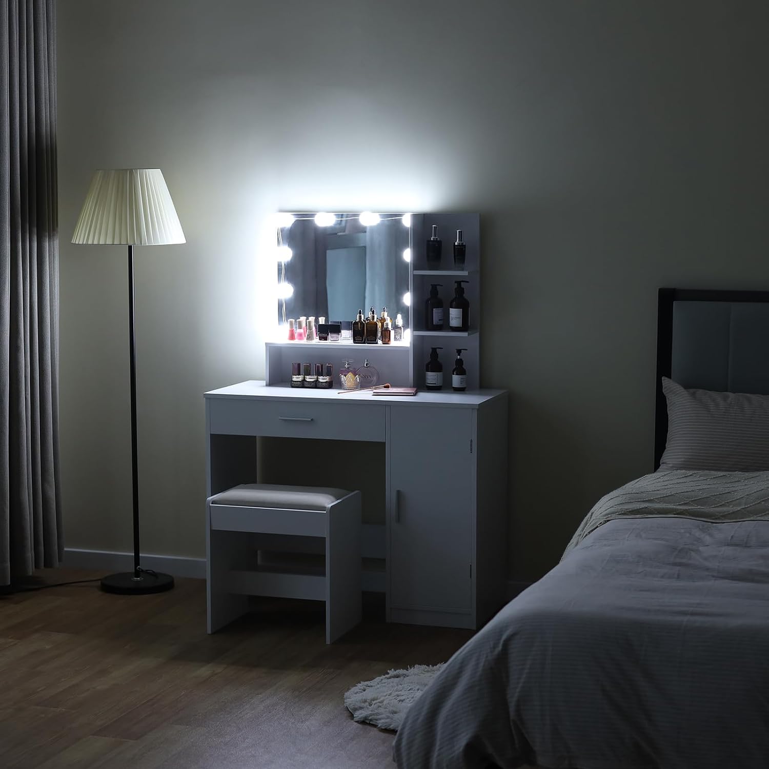 usikey Makeup Vanity Desk , Vanity Mirror with Lights and Table Set with Drawer, Cabinet & 3 Shelves, Makeup Vanity Set with 3 Lighting Modes Brightness Adjustable for Bedroom, White