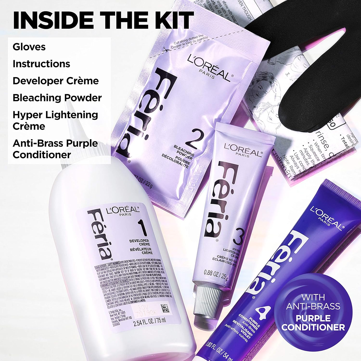 L'Oreal Paris Feria Hyper Platinum Advanced Lightening System Hair Bleach, Lifts Up To 8 Levels, Includes Anti Brass Purple Conditioner, 1 Hair Dye Kit