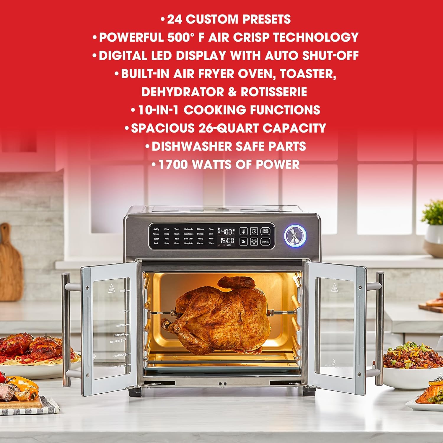 Emeril Lagasse Extra Large French Door Air Fryer Toaster Oven Combo, 25 Cooking Functions and Digital Controls, 7 Accessories Included, Stainless Steel Finish, 26QT Capacity