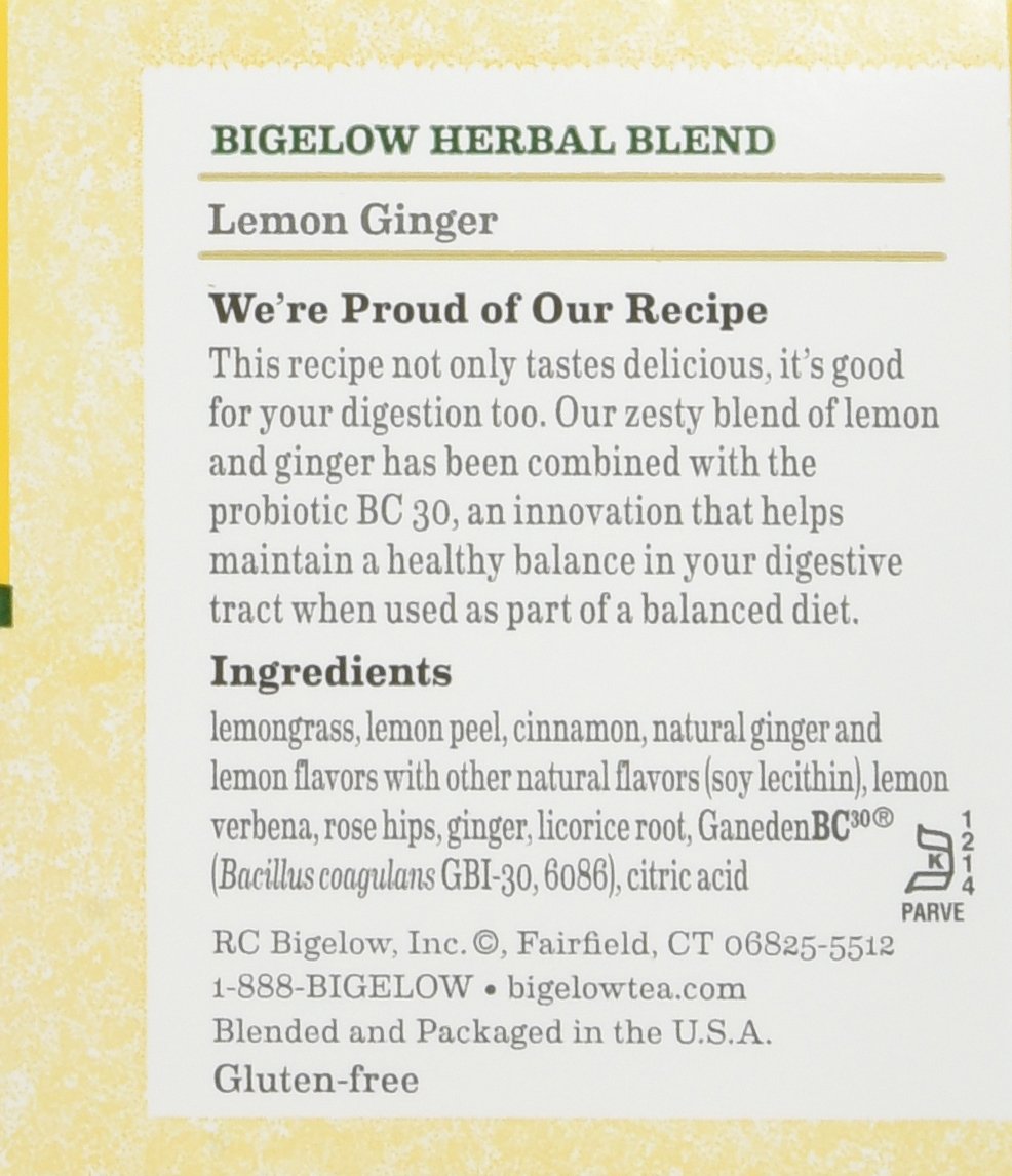 Bigelow Tea Lemon Ginger plus Probiotics Herbal Tea, Caffeine Free Tea with Lemon and Ginger, 18 Count Box (Pack of 6), 108 Total Tea Bags