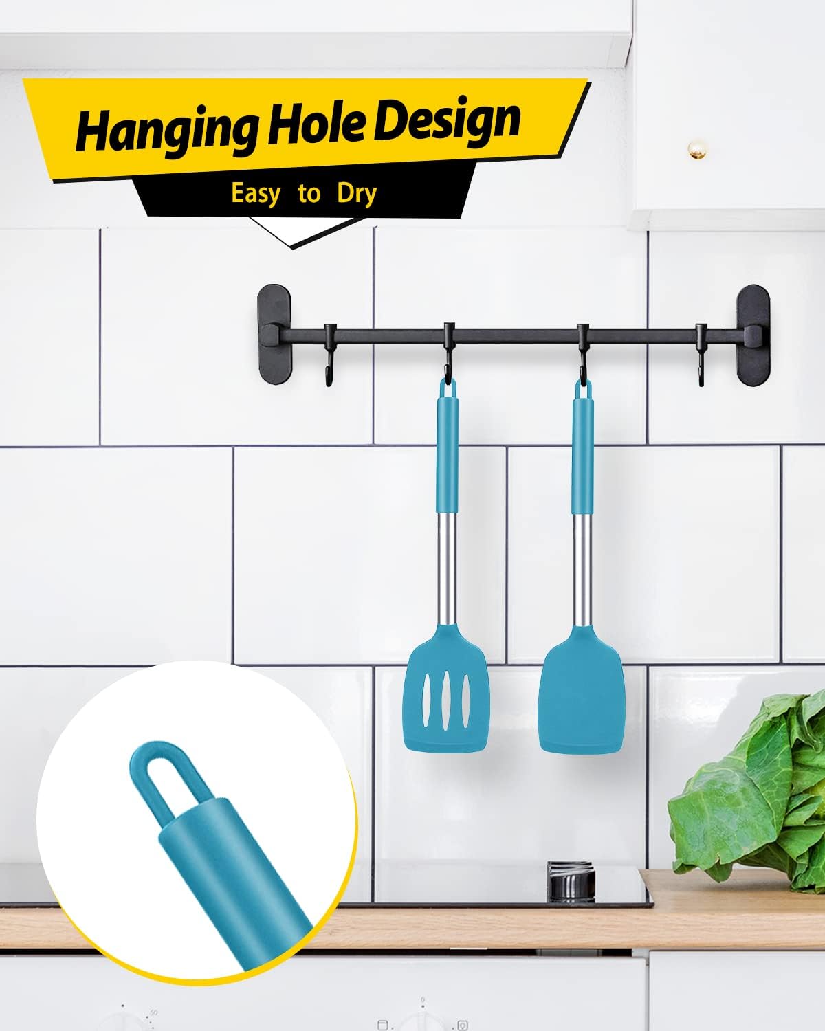 Pack of 2 Silicone Solid Turner,Non Stick Slotted Kitchen Spatulas,High Heat Resistant BPA Free Cooking Utensils,Ideal Cookware for Fish,Eggs,Pancakes (Black)