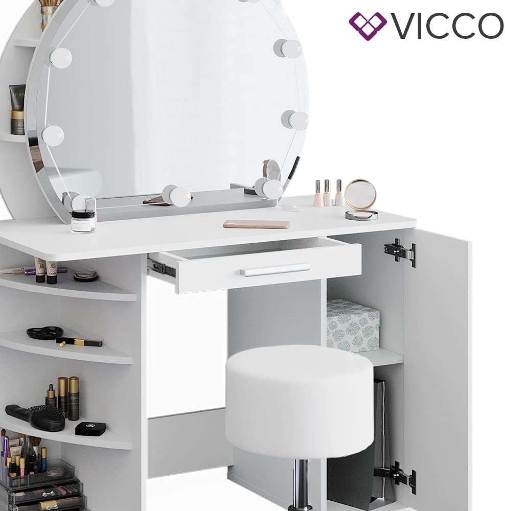 Vicco Almina Dressing Table 100 cm White with LED Lighting and Stool