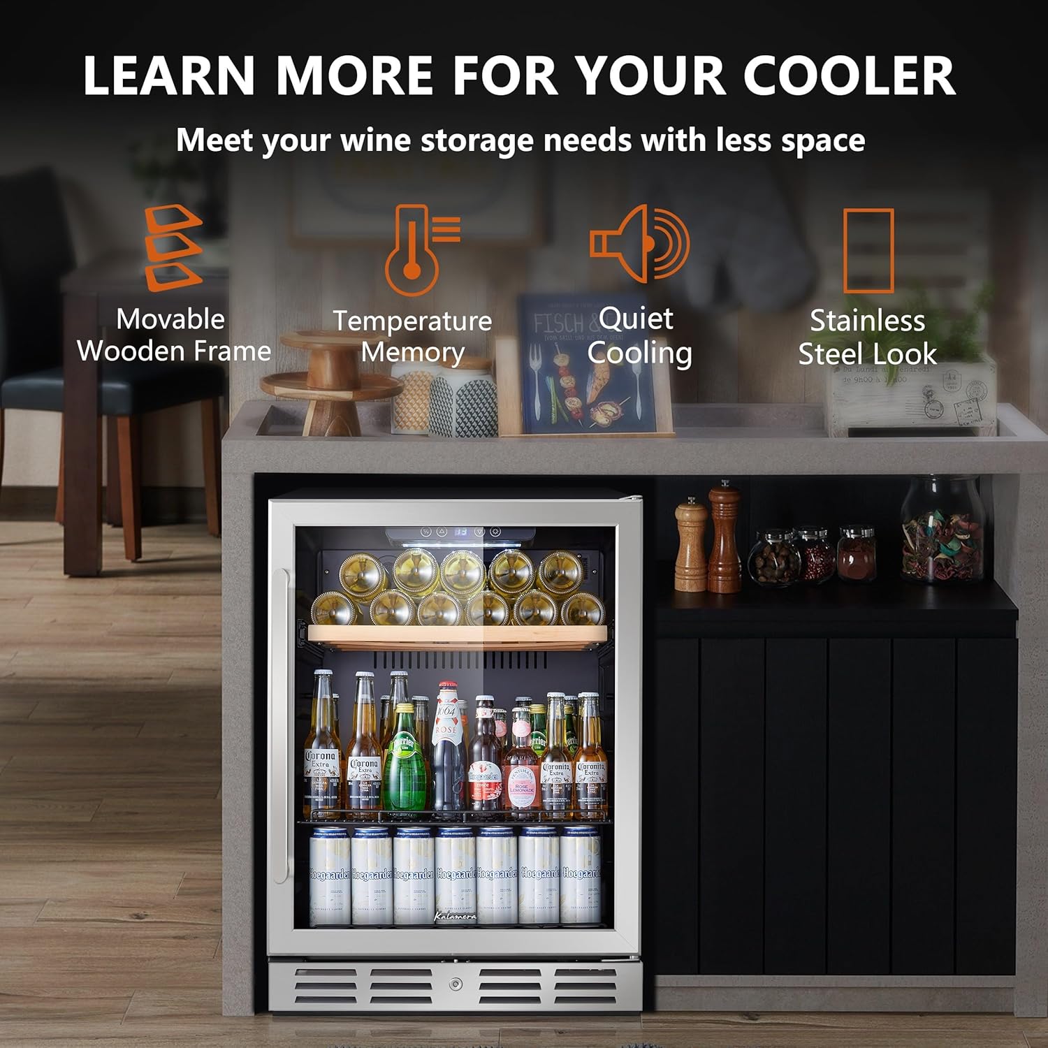 Kalamera 24 inch Wine Cooler, 46 Bottle - Dual Zone Built-in or Freestanding Fridge with Stainless Steel Reversible Glass Door, for Home, Kitchen, or Office.