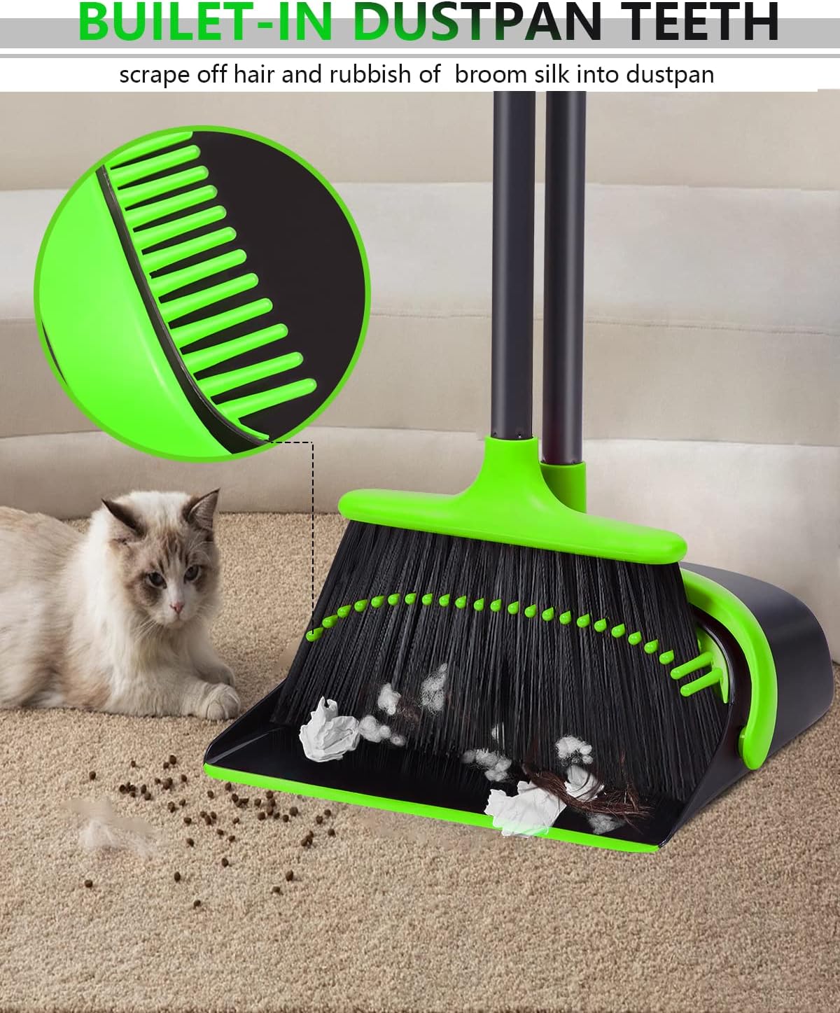 Broom with Dustpan Combo Set, Upgrade Broom and Dustpan Set for Home, 52'' Long Handle Broom and Dustpan Set, Standing Dustpan and Broom for Kitchen Office Lobby Floor