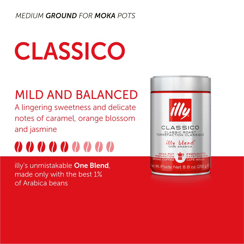 illy Classico Espresso Ground Coffee, Medium Roast, Classic Roast with Notes of Chocolate & Caramel, 100% Arabica Coffee, All-Natural, No Preservatives, 8.8 oz, Ground for Espresso Machines