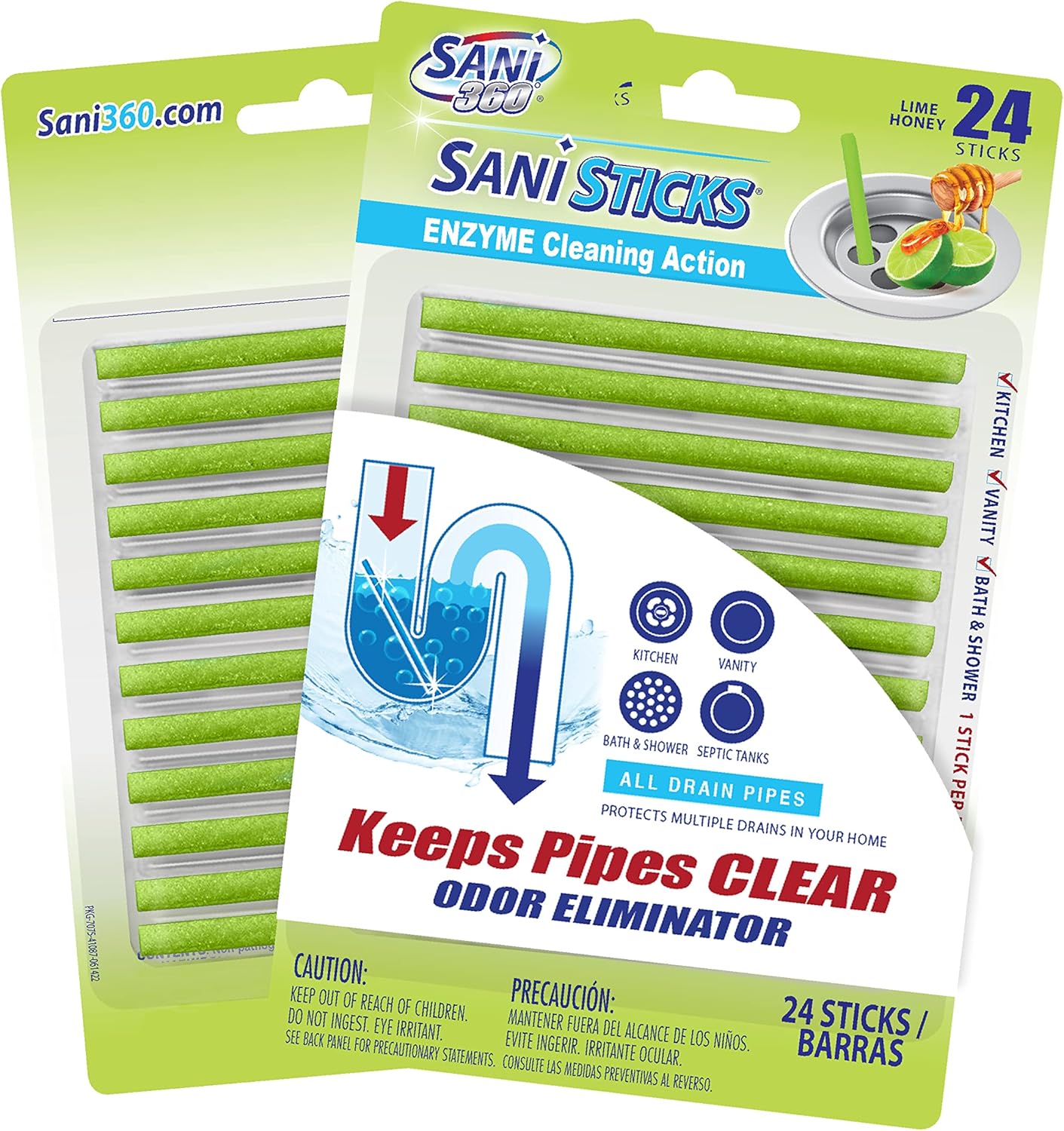 SANI 360° Sani Sticks Drain Cleaner and Deodorizer, Enzyme Pipe Cleaners, Eliminate Odors, Prevent Clogged Drains, Safe for Sinks, Bathtub Drains, Septic Tanks, 24 Count, Lemon Scent