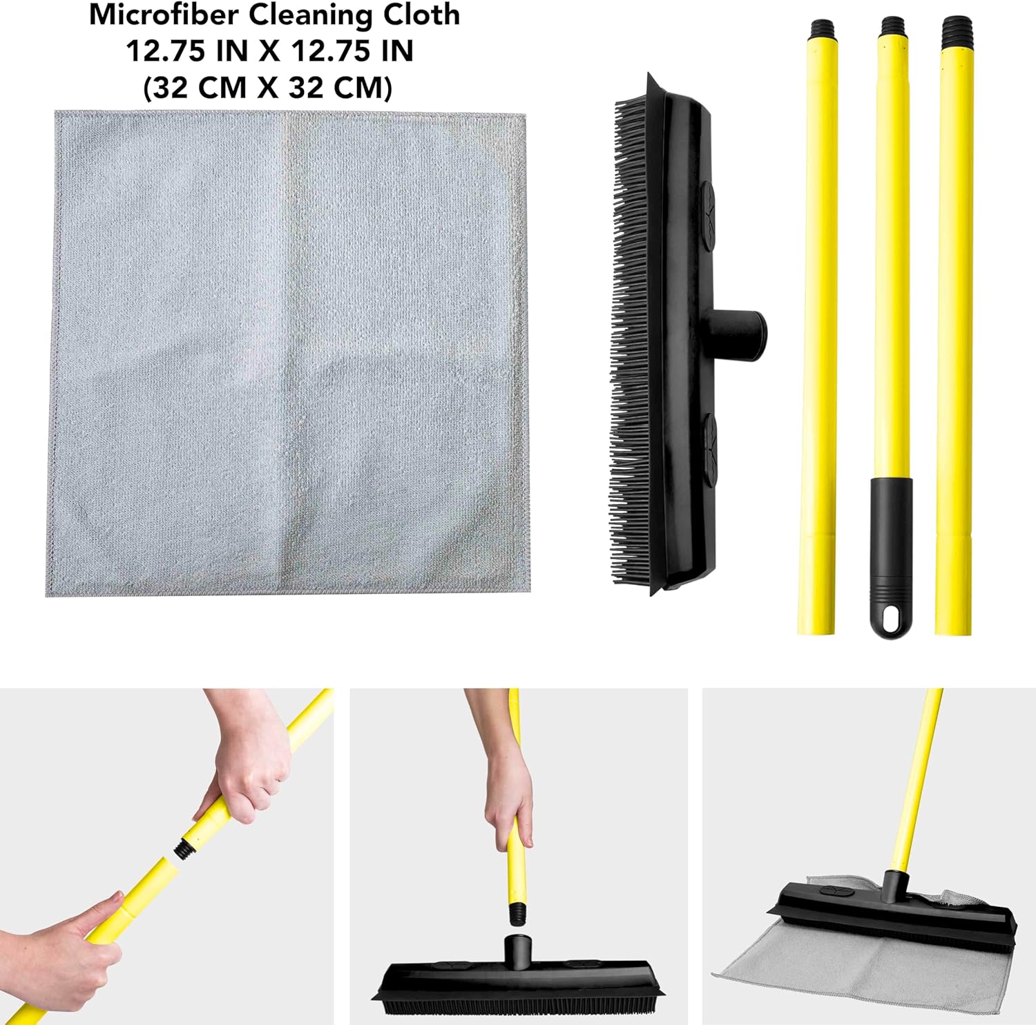 FURemover Original Indoor Pet Hair Rubber Broom with Carpet Rake and Squeegee, Black and Yellow