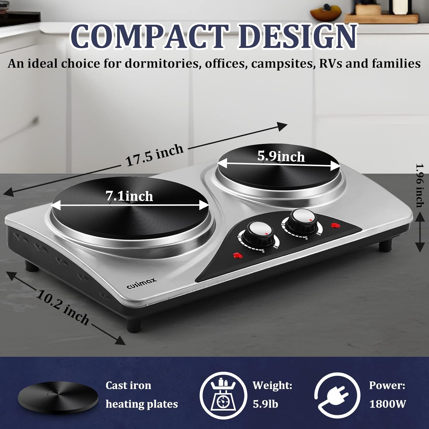 CUSIMAX Electric Hot Plate for Cooking Portable Single Burner 1500W Cast Iron hot plates Heat-up in Seconds Adjustable Temperature Control Stainless Steel Non-Slip Rubber Feet Upgraded Version B101