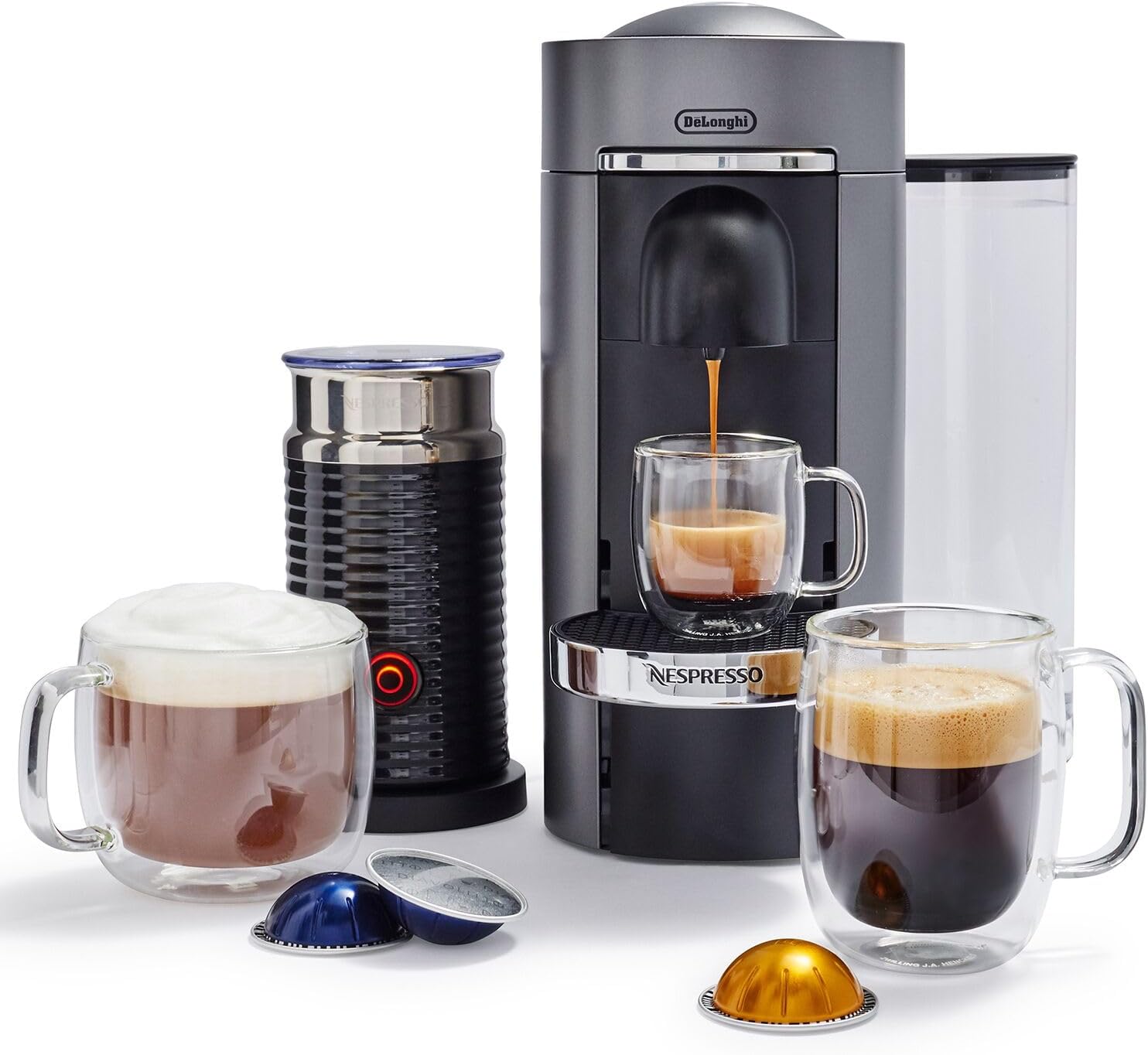 Nespresso Vertuo Plus Deluxe Coffee and Espresso Maker by De'Longhi, Titan with Aeroccino Milk Frother, 110 Volts