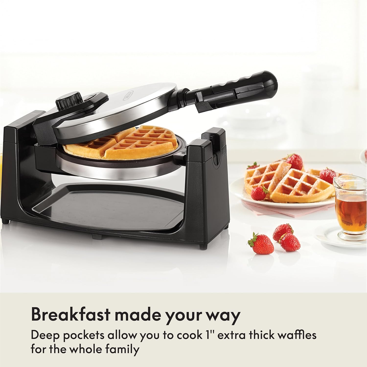 BELLA Classic Rotating Belgian Waffle Maker with Nonstick Plates, Removable Drip Tray, Adjustable Browning Control and Cool Touch Handles, Black