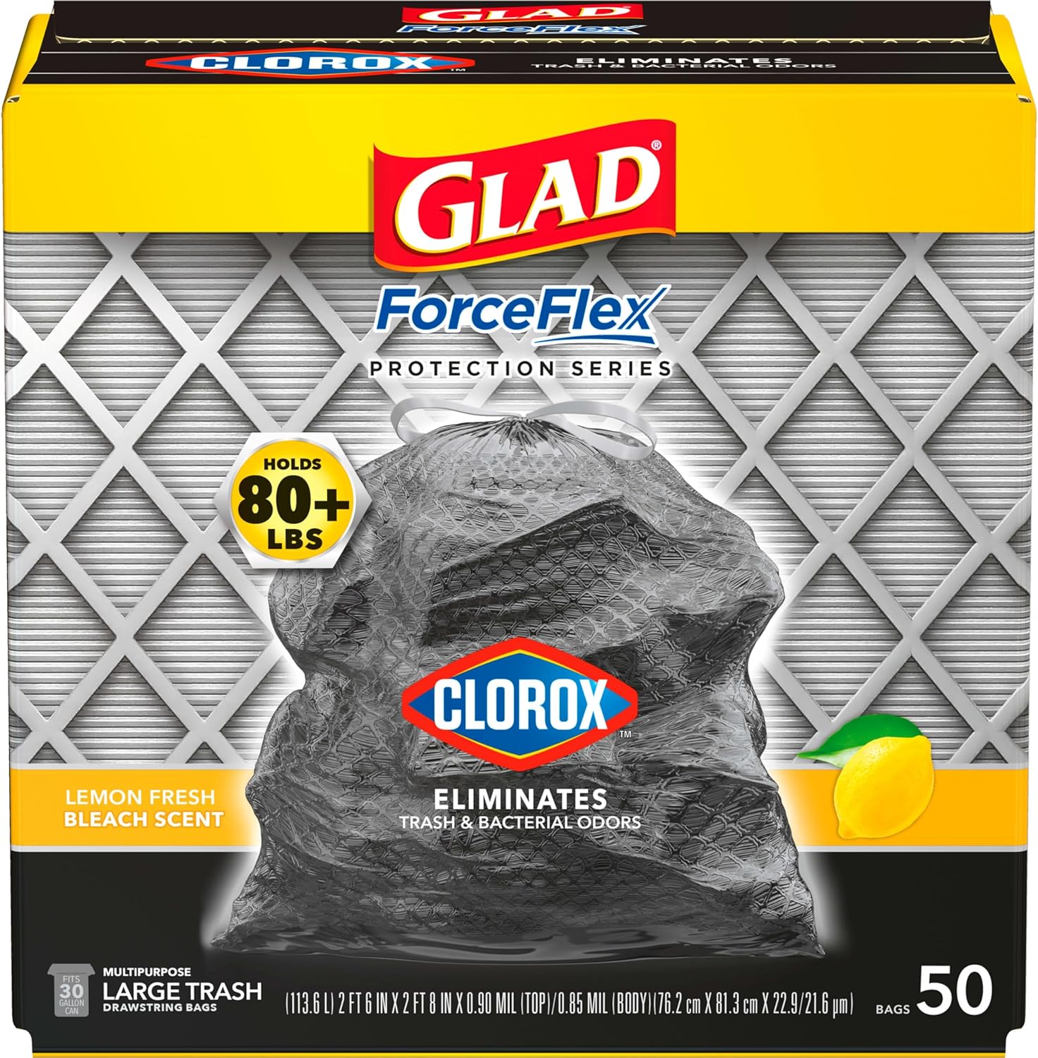 Glad Large Drawstring Trash Bags, ForceFlex 30 Gallon Black Trash Bags, 50 Count (Package May Vary)