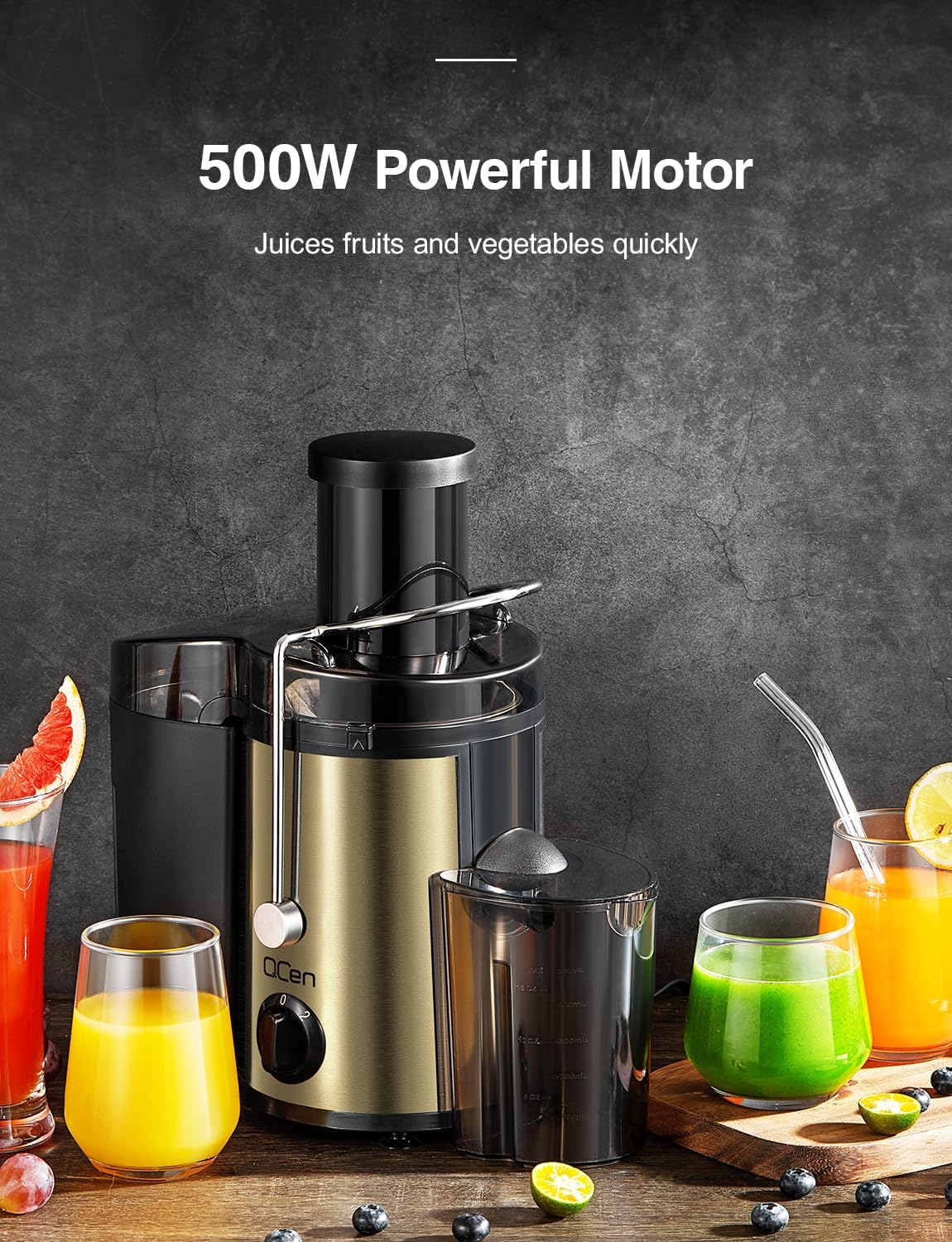 Qcen Juicer Machine, 800W Centrifugal Juicer Extractor with Wide Mouth 3” Feed Chute for Fruit Vegetable, Easy to Clean, Stainless Steel, BPA-free (Black)