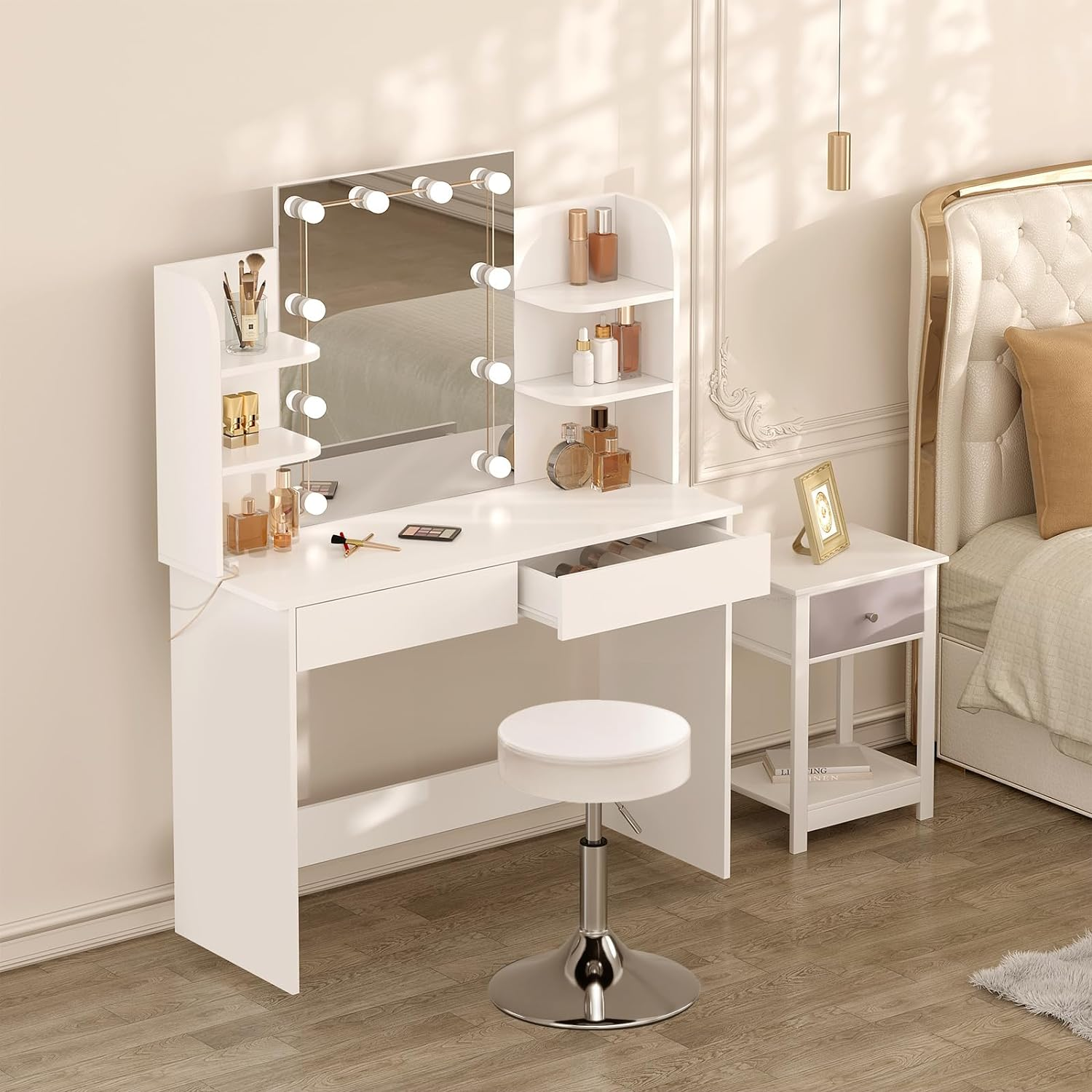 WOLTU MB6106ws Dressing Table with LED Lighting and Stool, Dressing Table with 2 Drawers, 4 Shelves, 108 x 40 x 142 cm, Height-Adjustable Chair, Wooden Cosmetic Table, White