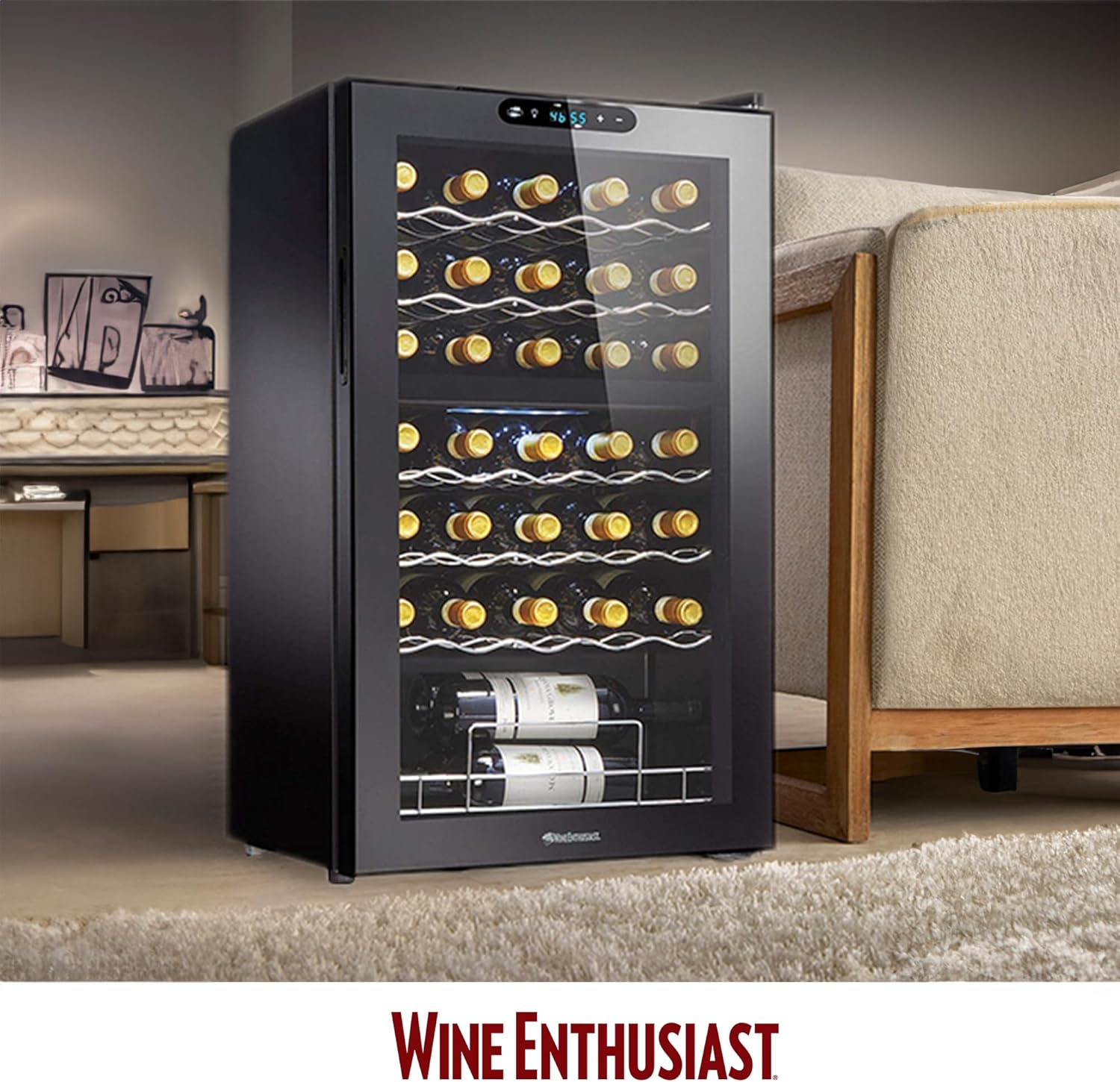 Wine Enthusiast 32-Bottle Dual Zone MAX Compressor Wine Cooler - Freestanding Refrigerator with Split Storage & Temperature, Digital Touchscreen, & LED Display