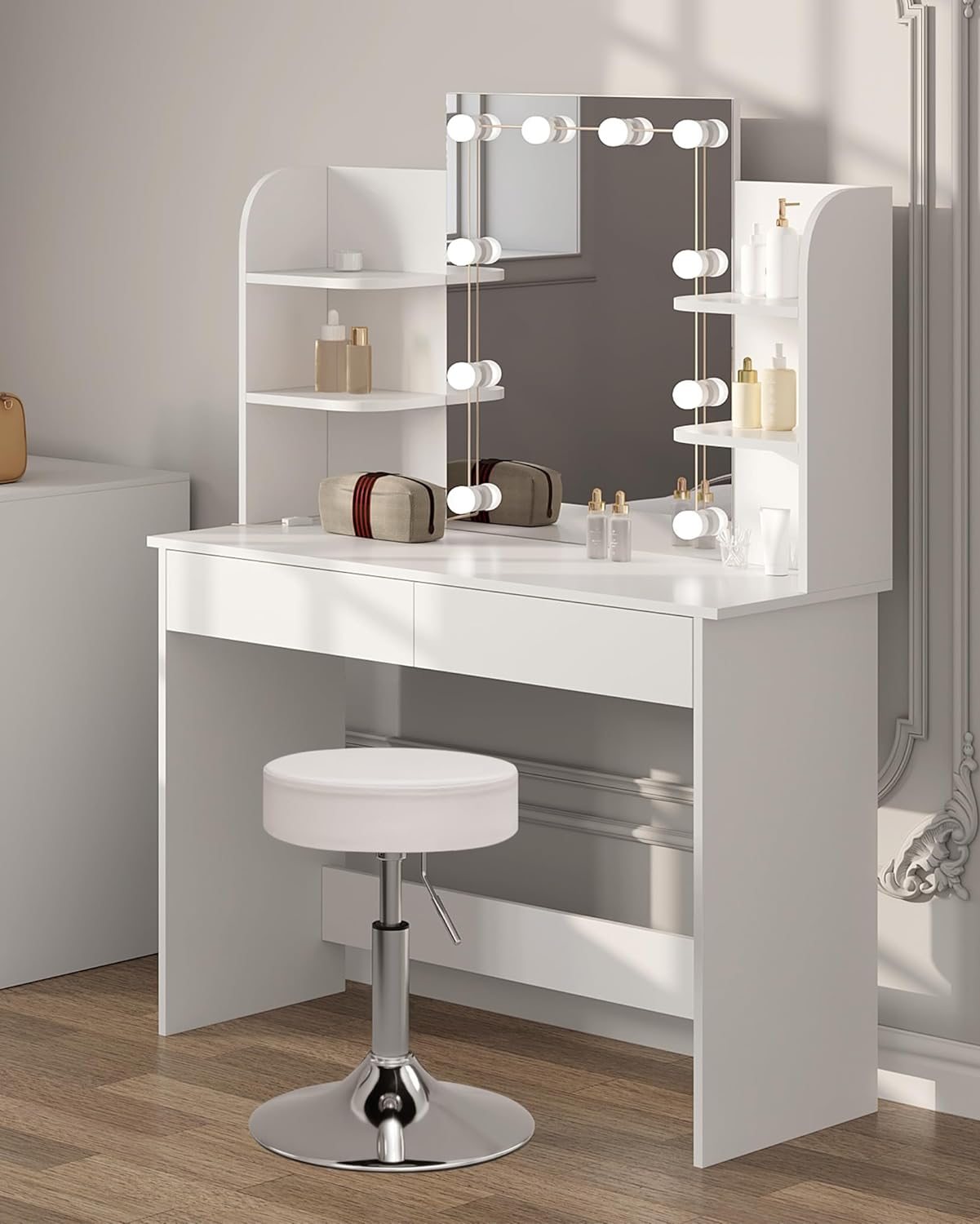 WOLTU MB6106ws Dressing Table with LED Lighting and Stool, Dressing Table with 2 Drawers, 4 Shelves, 108 x 40 x 142 cm, Height-Adjustable Chair, Wooden Cosmetic Table, White