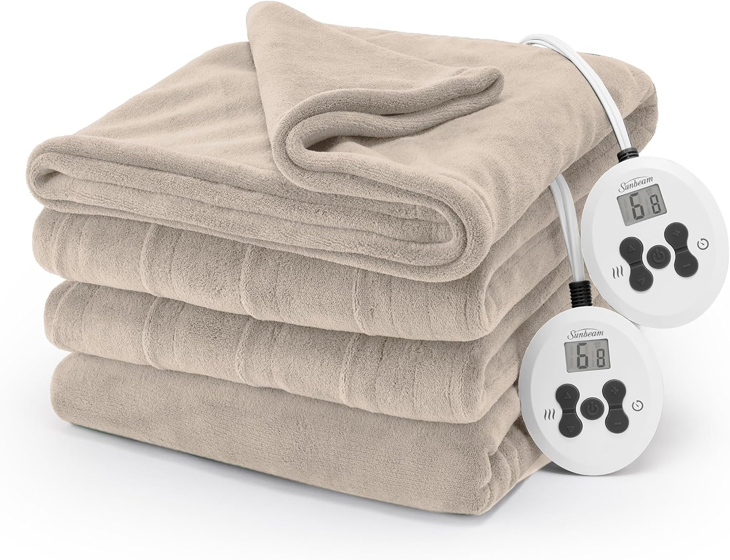 Sunbeam Electric Royal Luxe Microplush Heated Blanket 12 Heat Settings, 12-Hour Selectable Auto Shut-Off, Fast Heating, Warm and Cozy, Sandstone Color, Queen, 90