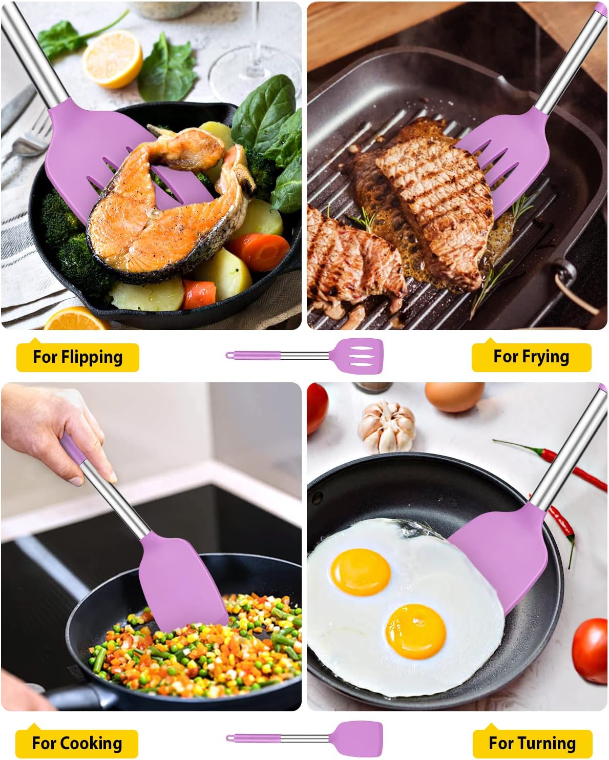 Pack of 2 Silicone Solid Turner,Non Stick Slotted Kitchen Spatulas,High Heat Resistant BPA Free Cooking Utensils,Ideal Cookware for Fish,Eggs,Pancakes (Black)