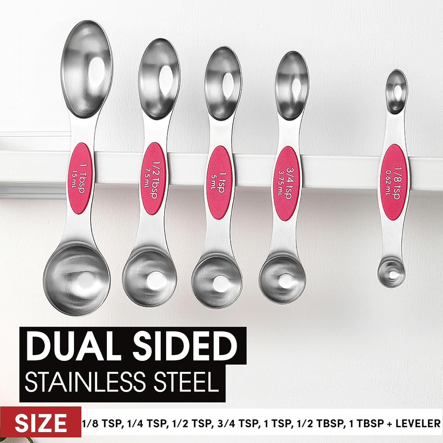 Spring Chef Magnetic Measuring Spoons Set with Strong N45 Magnets, Heavy Duty Stainless Steel Metal, Fits in Most Kitchen Spice Jars for Baking & Cooking, BPA Free, Black, Set of 8 with Leveler