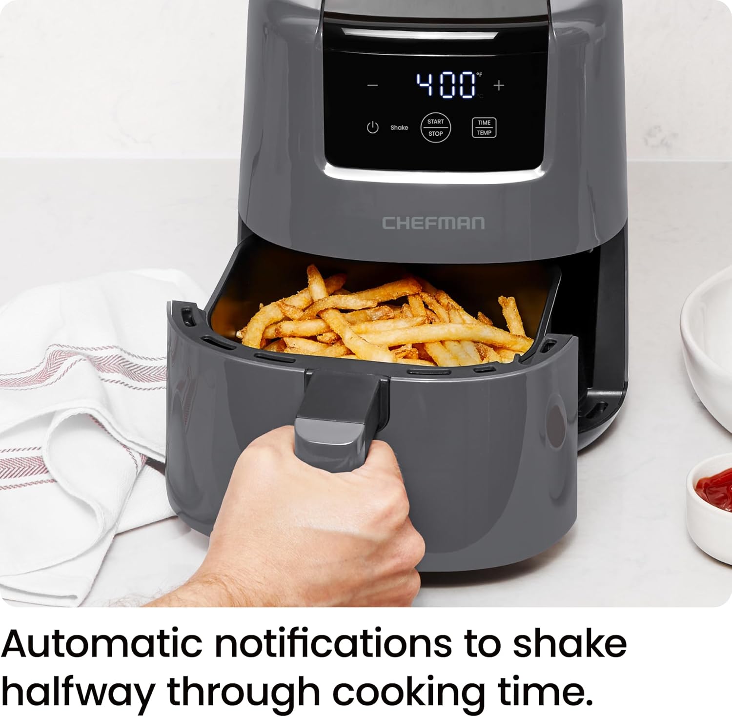 CHEFMAN 2 Qt Mini Air Fryer – Digital Space-Saving Compact Air Fryer with Nonstick and Dishwasher Safe Basket, Quick & Easy Meals in Minutes, Features Digital Timer and Shake Reminder – Grey