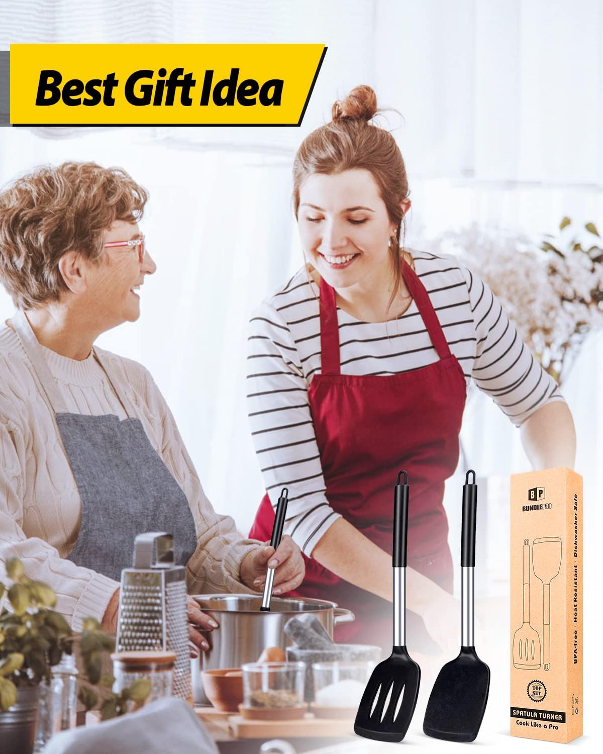 Pack of 2 Silicone Solid Turner,Non Stick Slotted Kitchen Spatulas,High Heat Resistant BPA Free Cooking Utensils,Ideal Cookware for Fish,Eggs,Pancakes (Black)