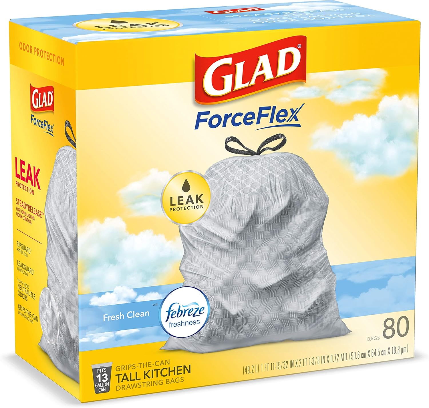 Glad Tall Kitchen Drawstring Trash Bags - Odorshield 13 Gallon White Trash Bag, Febreze Fresh Clean, 110 Count