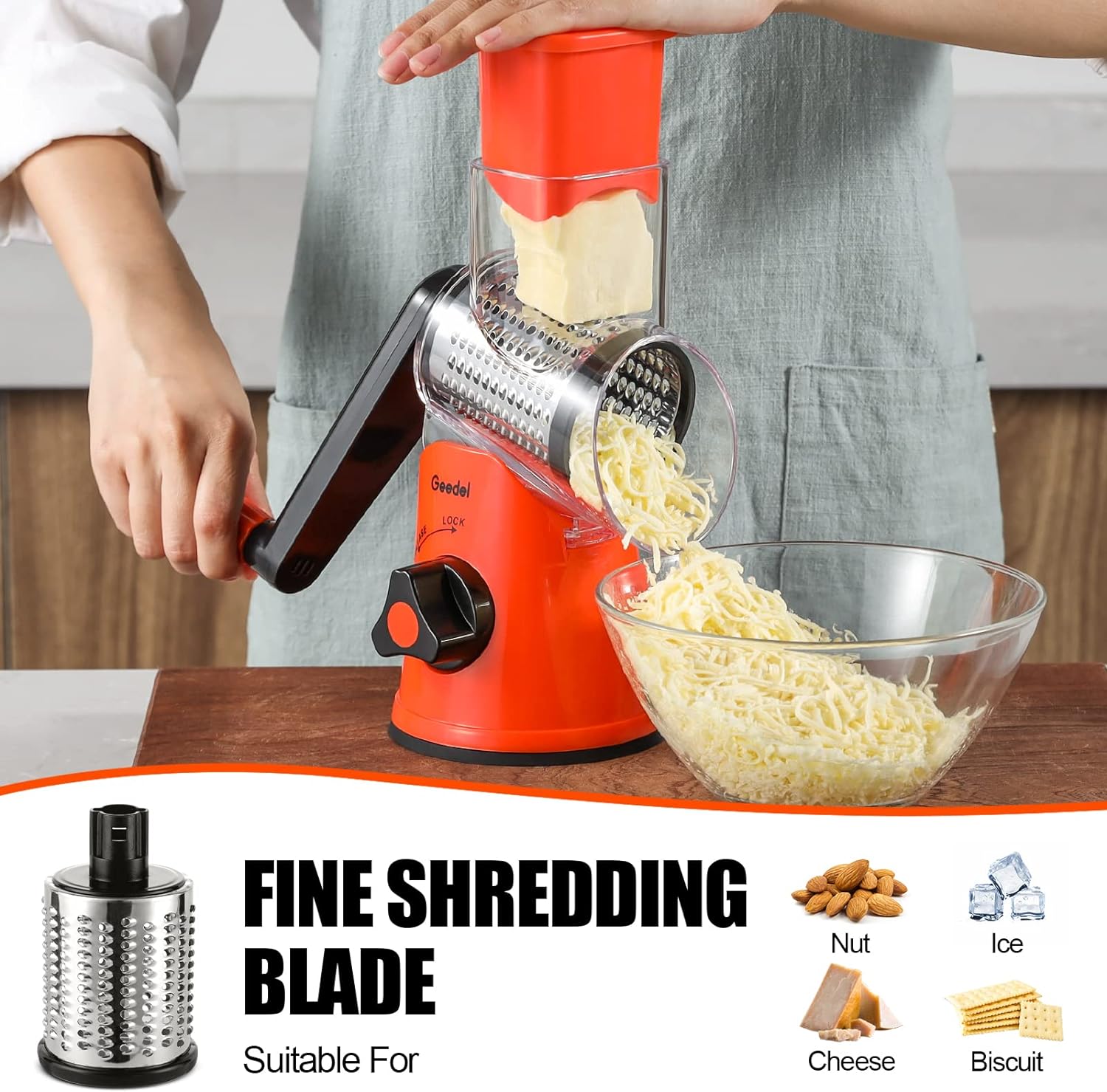 Geedel Rotary Cheese Grater, Kitchen Mandoline Vegetable Slicer with 3 Interchangeable Blades, Easy to Clean Grater for Fruit, Vegetables, Nuts