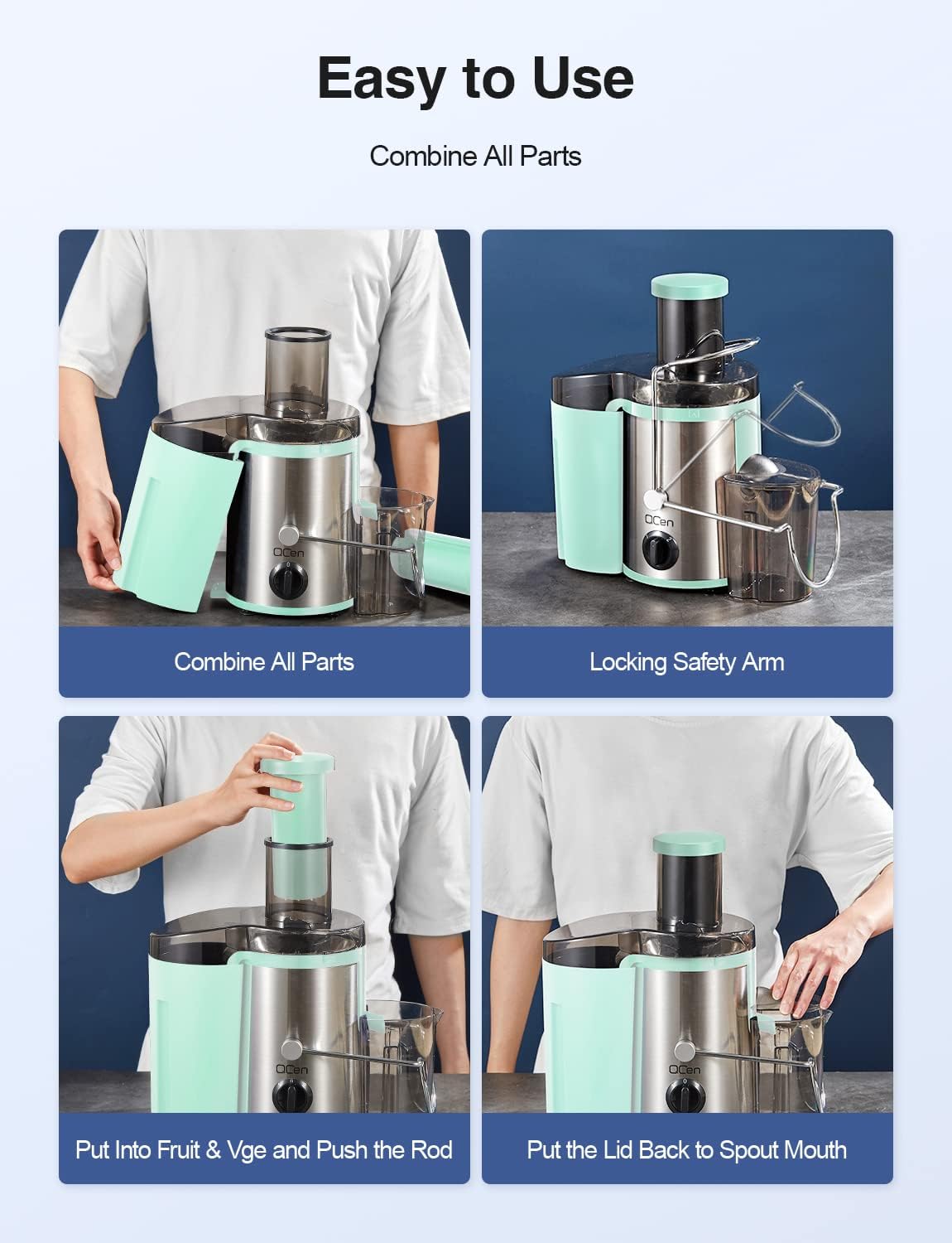 Qcen Juicer Machine, 800W Centrifugal Juicer Extractor with Wide Mouth 3” Feed Chute for Fruit Vegetable, Easy to Clean, Stainless Steel, BPA-free (Black)