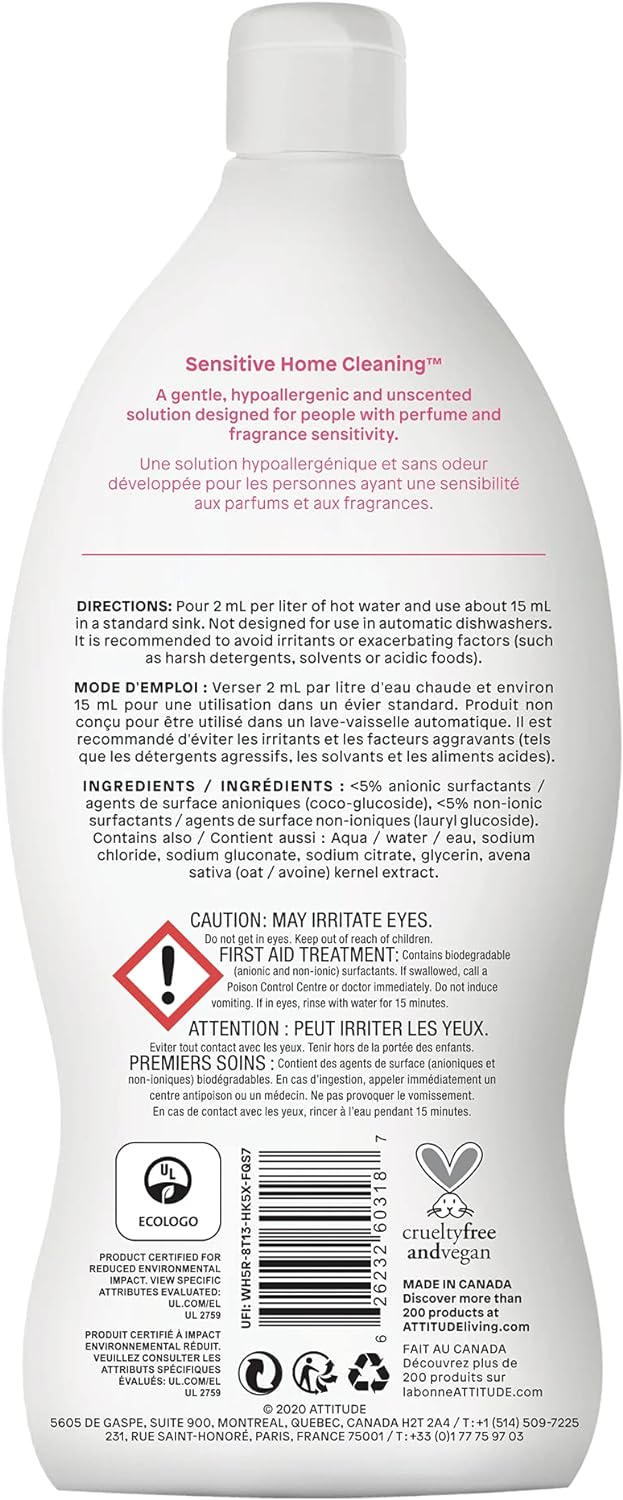 ATTITUDE Baby Dish Soap and Bottle Cleaner, EWG Verified Dishwashing Liquid, No Added Dyes or Fragrances, Tough on Milk Residue and Grease, Vegan, Unscented, 33.8 Fl Oz