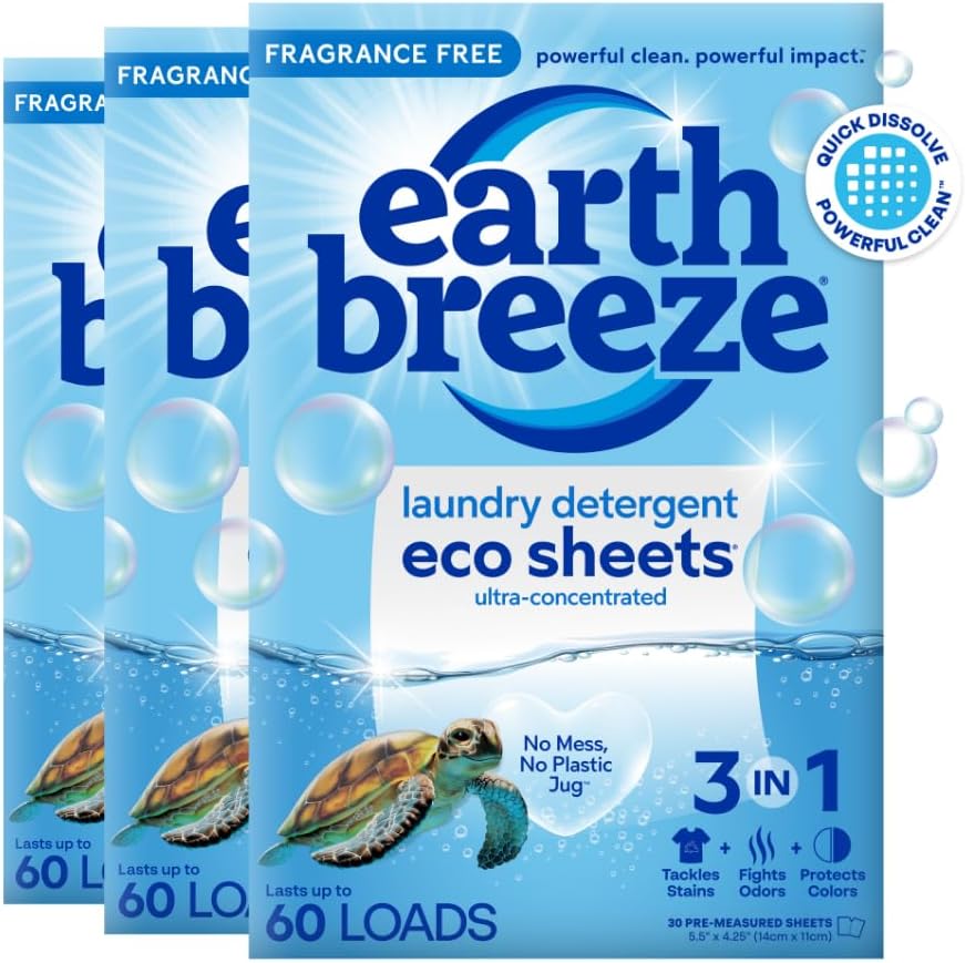Earth Breeze Laundry Detergent Sheets Fresh Scent - 60 Loads No Plastic Jug Concentrated Laundry Detergent 30 Sheets