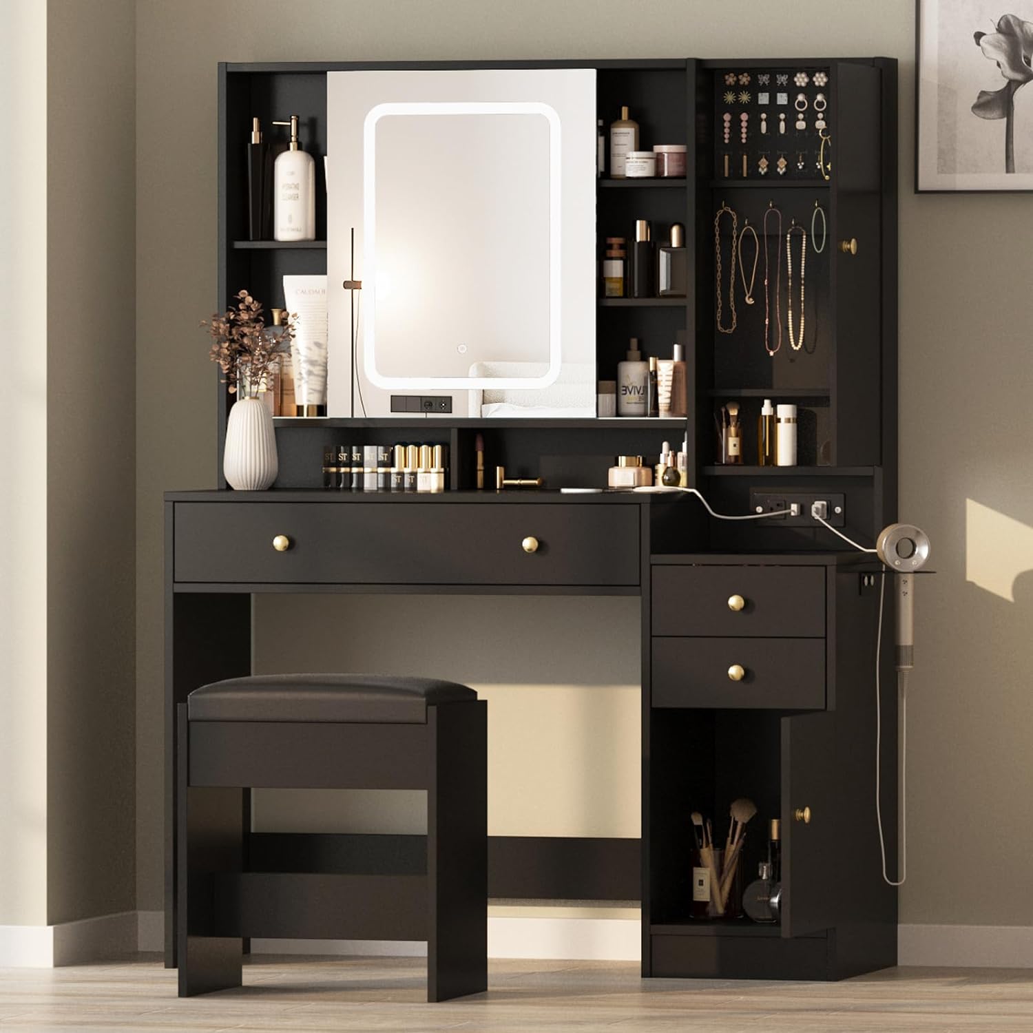 Vanity Desk with Mirror and Lights, Glass Top Vanity Table Makeup Vanity with Lights and Charging Station & Sliding Door, Glass Top Vanity with 3 Drawers and Jewelry Cabinet, 42.8inch