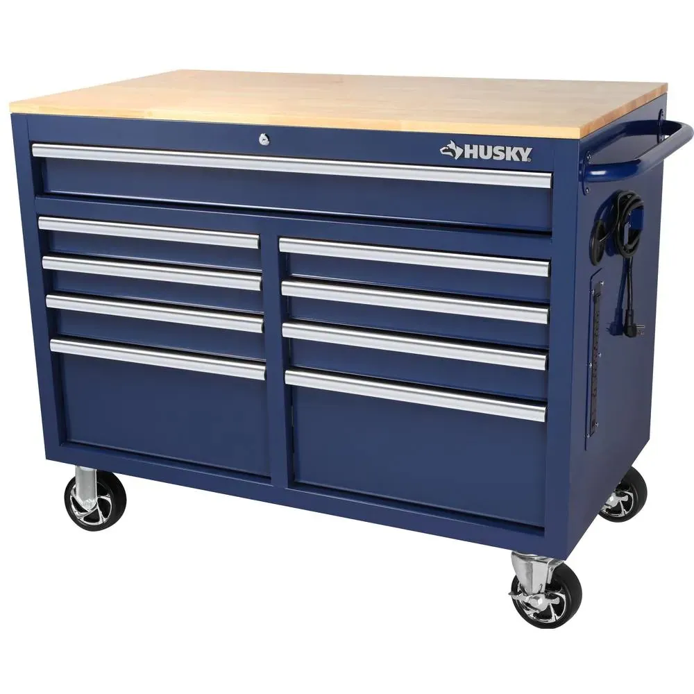 —46 in. W x 24.5 in. D 9-Drawer Gloss Black Deep Tool Chest Mobile Workbench with Hardwood Top and Power Station