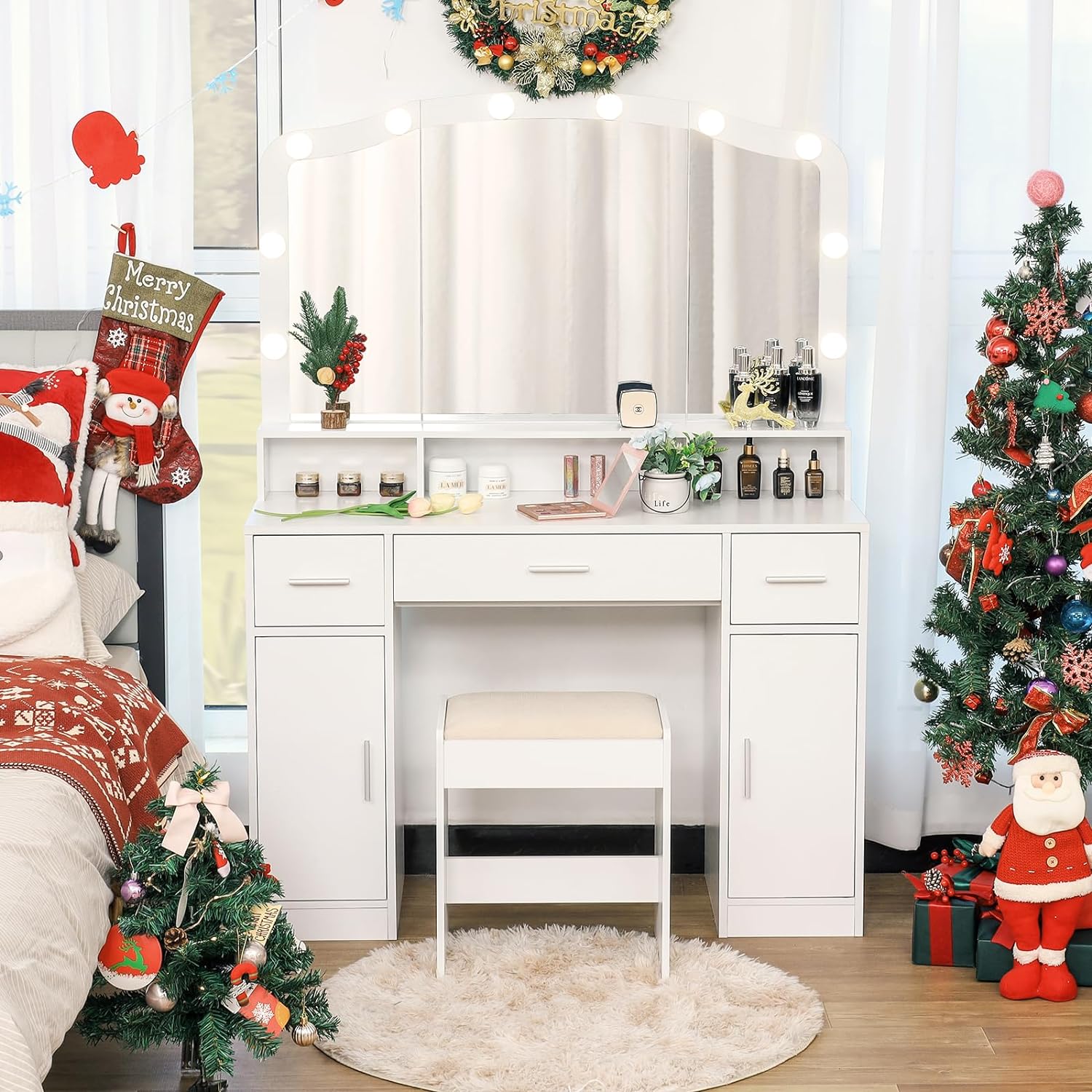 usikey Large Vanity Desk with Large Lighted Mirror, Modern Makeup Vanity Table with 3 Drawers, 2 Storage Cabinets & 10 LED Bulbs, Bedroom Dressing Table with Cushioned Stool for Women, White