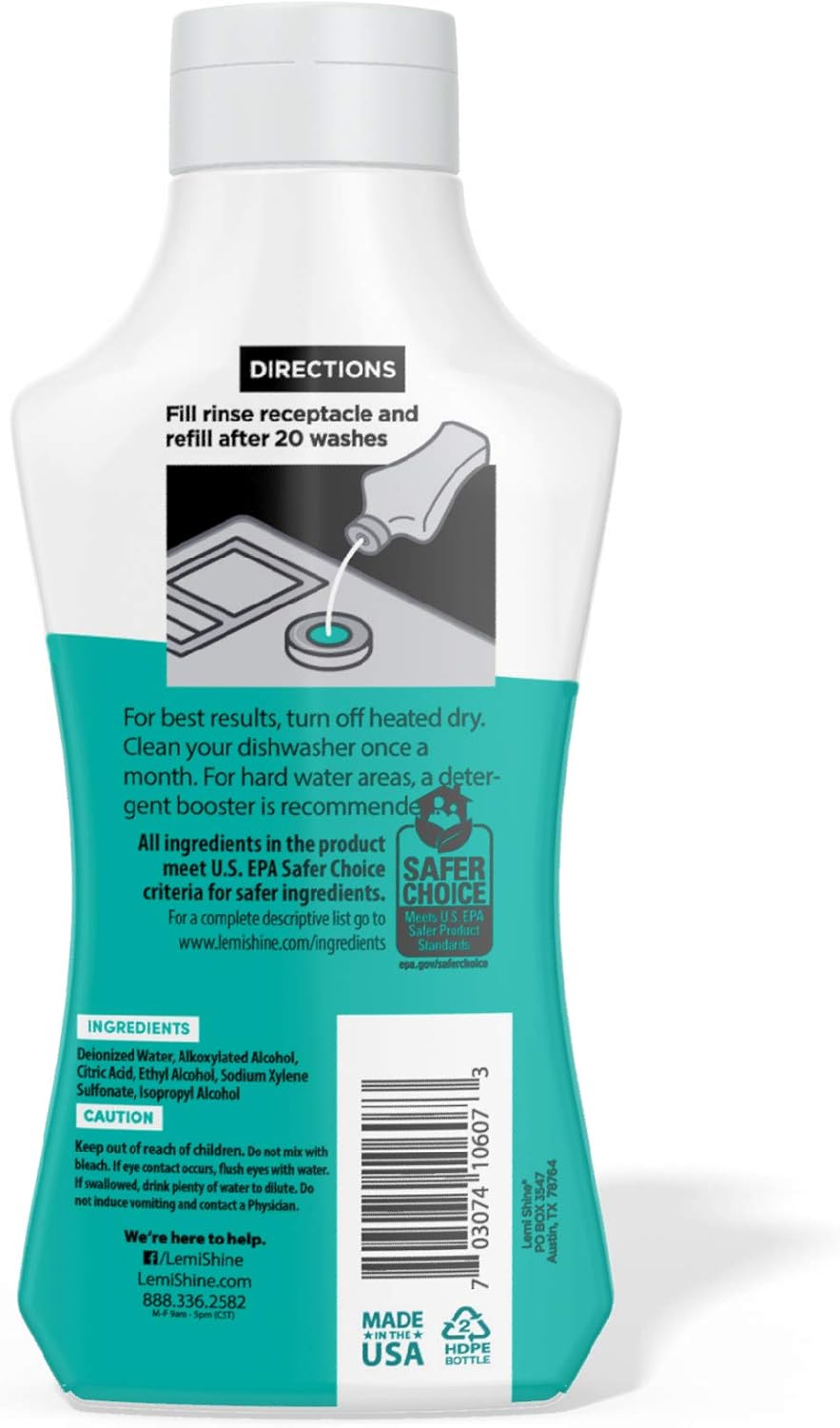 Lemi Shine - Shine + Dry Natural Dishwasher Rinse Aid, Hard Water Stain Remover (1 Pack - 25.35 oz)