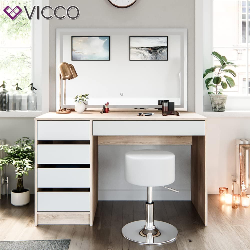 Vicco Sherry Dressing Table Sonoma / White 120 cm with LED Mirror and Stool