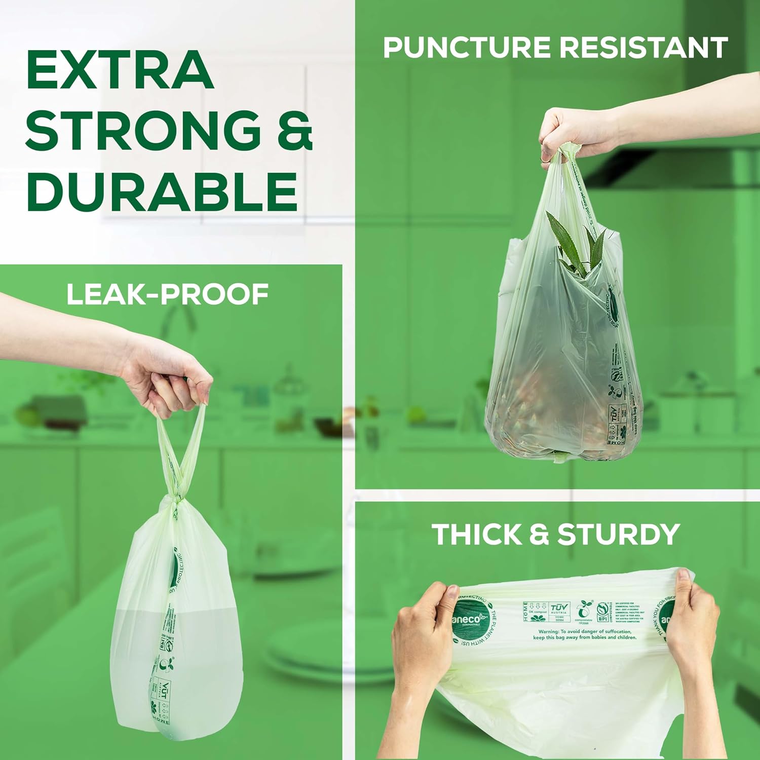 ANECO 100% Compostable Waste Bags 2.6 Gallon, Extra Thick Kitchen Small Compost Bags for Countertop Bin (100 Count)