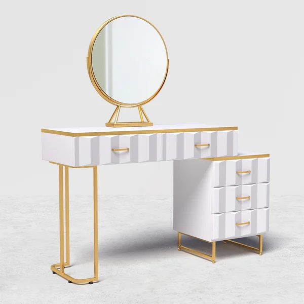 Modern White Extendable Makeup Vanity 5 Drawers Dressing Table Set with Stool and Mirror