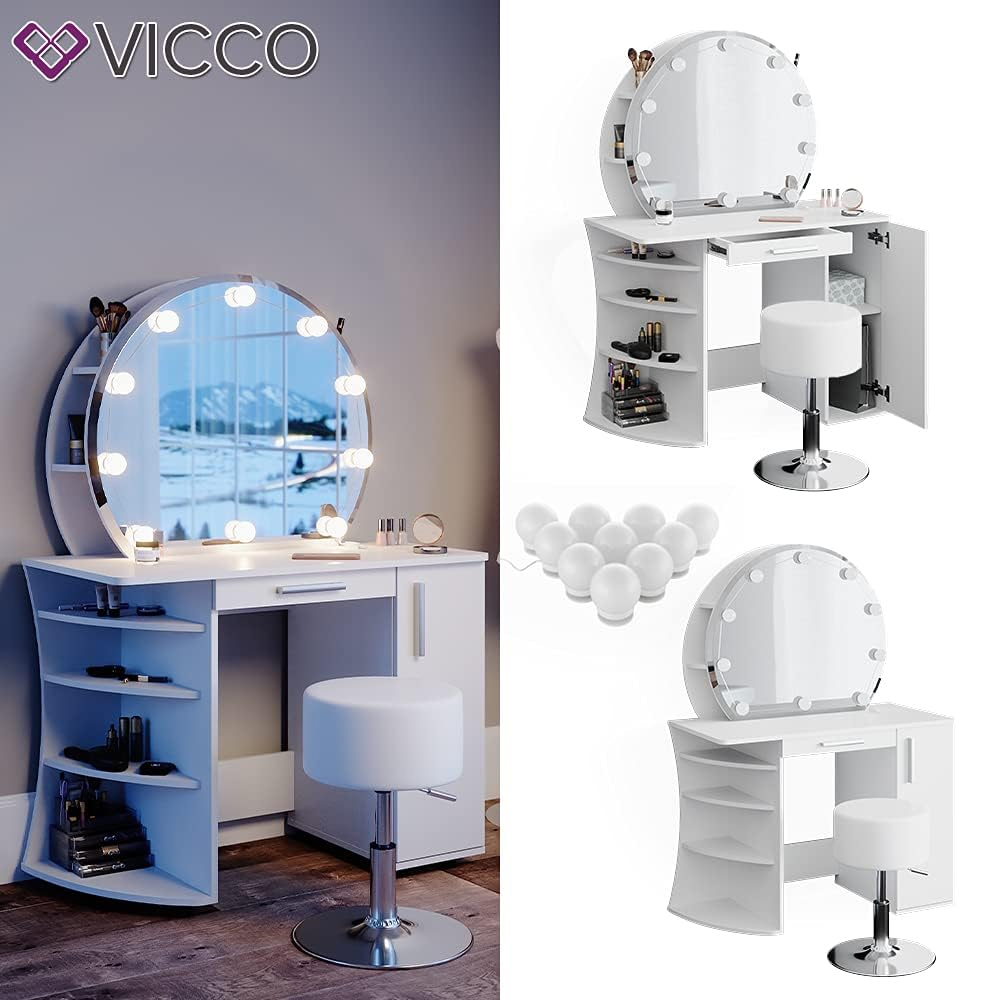 Vicco Almina Dressing Table 100 cm White with LED Lighting and Stool