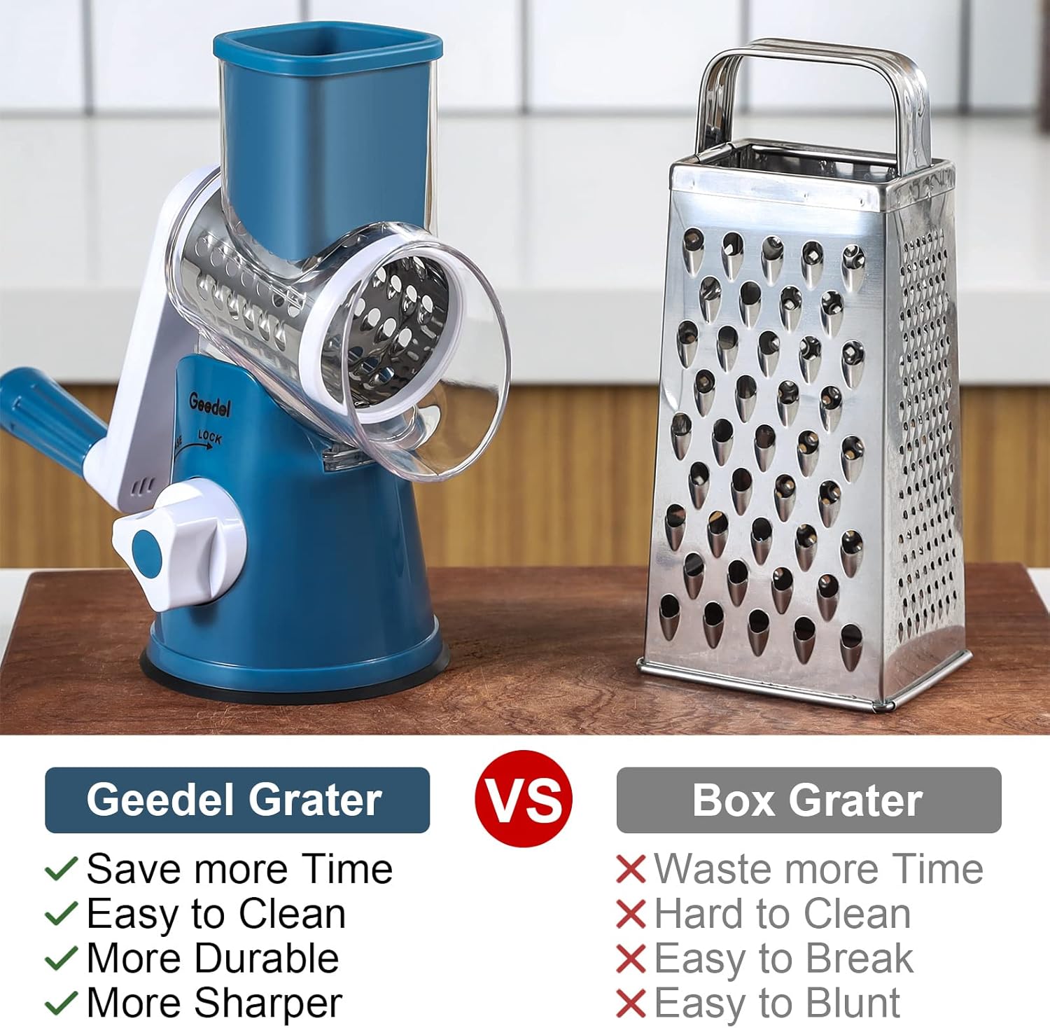 Geedel Rotary Cheese Grater, Kitchen Mandoline Vegetable Slicer with 3 Interchangeable Blades, Easy to Clean Grater for Fruit, Vegetables, Nuts