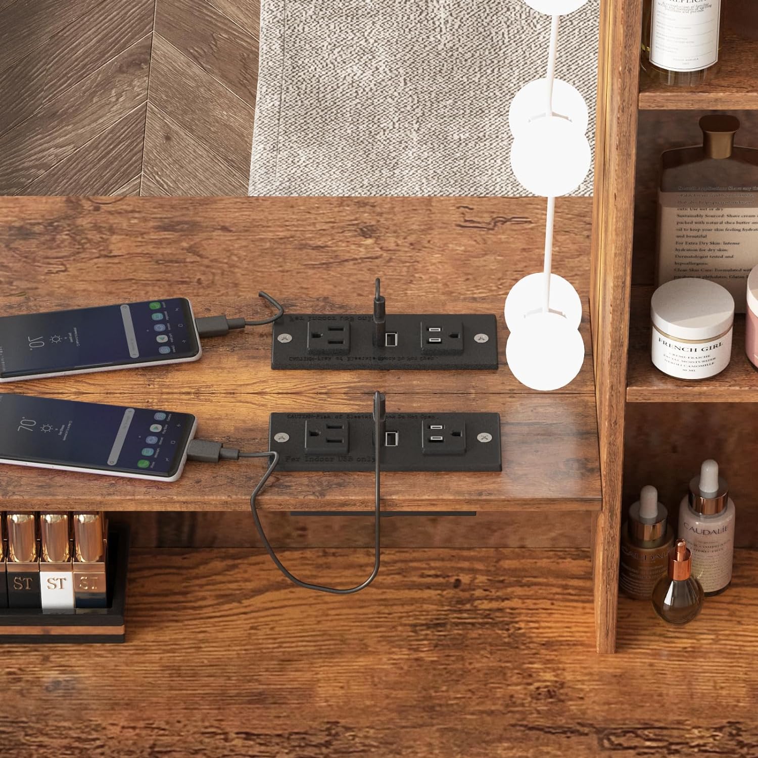 Maupvit Vanity Desk with Mirror and Lights, White Vanity with Bedside Table, 5 Drawers Large Capacity, Metal Silver Handle, Makeup Vanity with 10 Led Lights And Charging Station