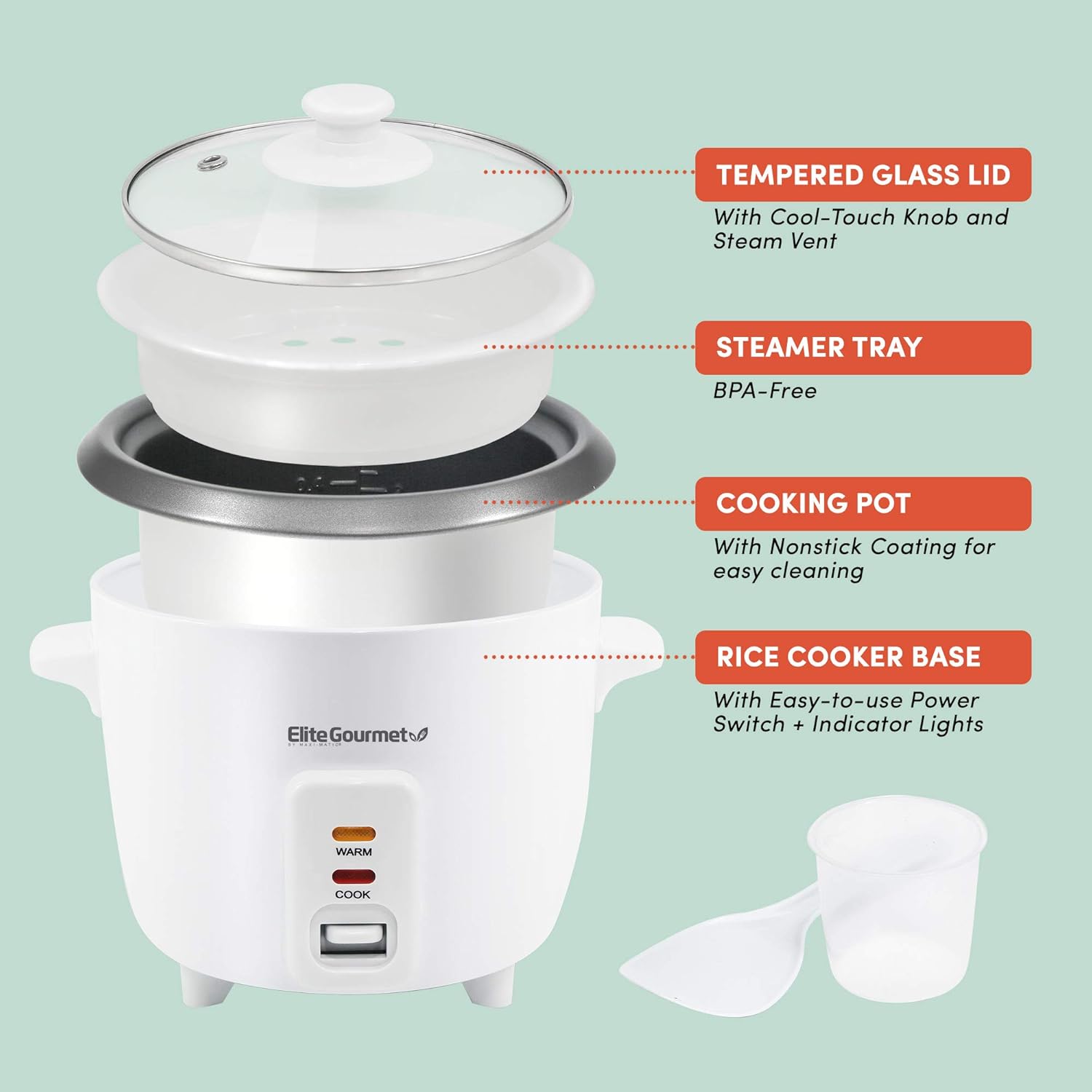 Elite Gourmet ERC-003 Electric Rice Cooker with Automatic Keep Warm Makes Soups, Stews, Grains, Hot Cereals, White, 6 Cups Cooked (3 Cups Uncooked)