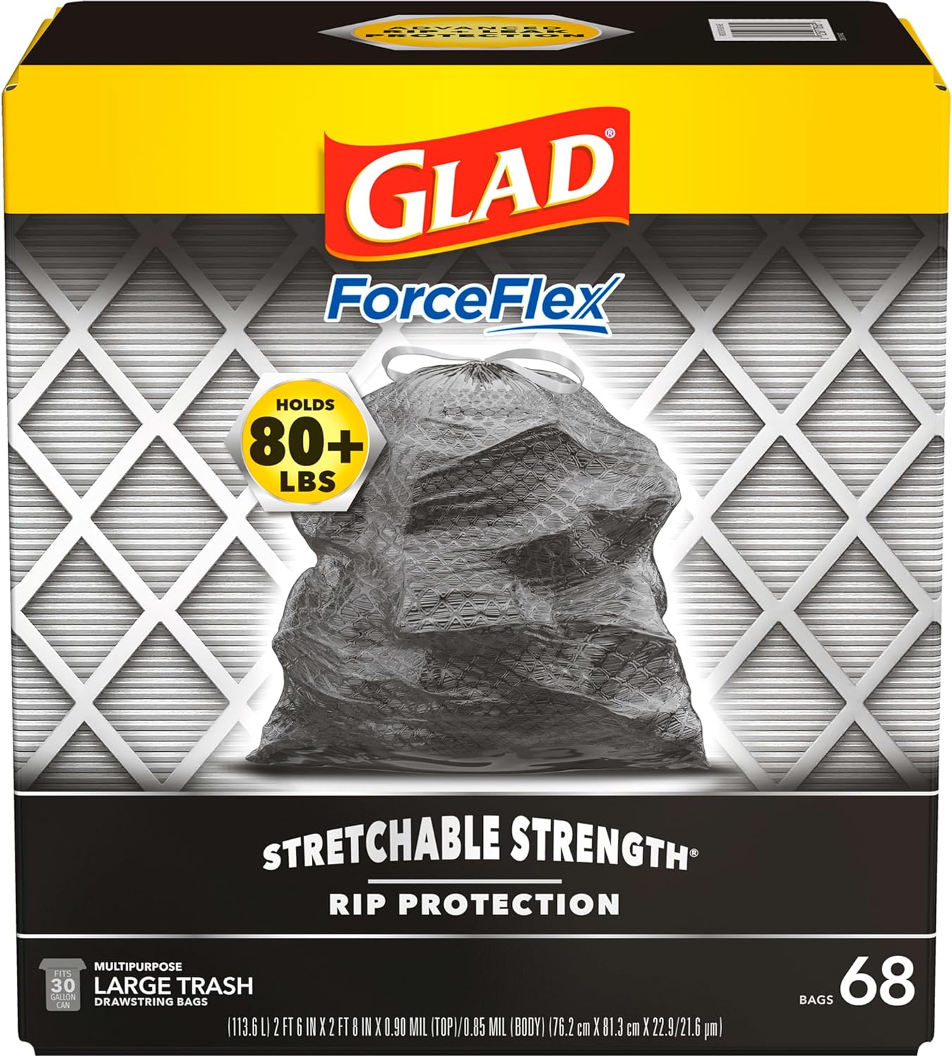 Glad Large Drawstring Trash Bags, ForceFlex 30 Gallon Black Trash Bags, 50 Count (Package May Vary)